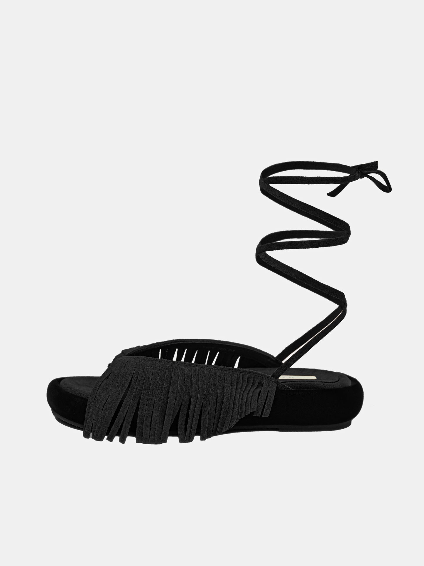 Padded Fringe Ankle Tie Sandals, Black