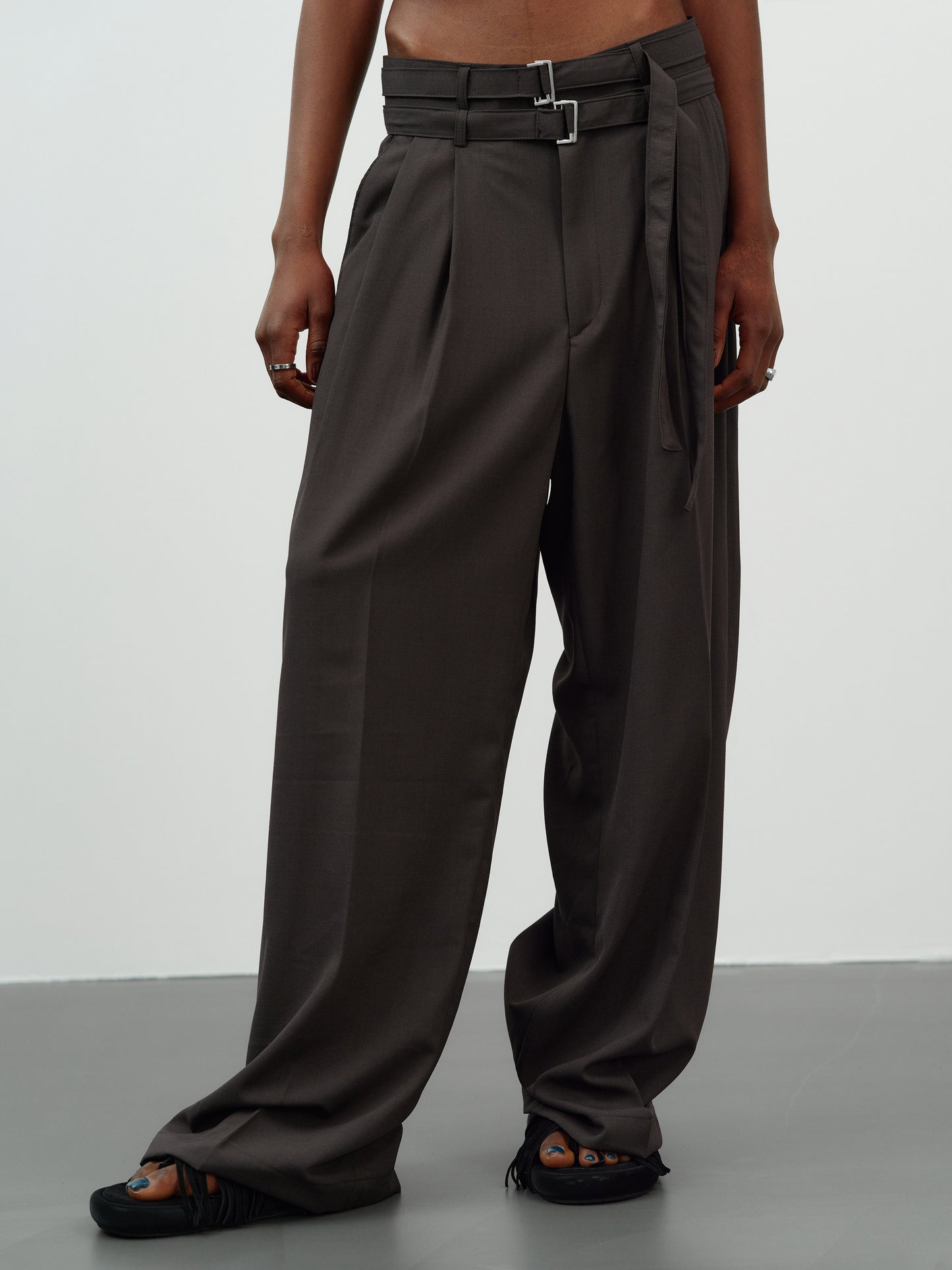 Double Belted Wide Trousers, Dark Grey