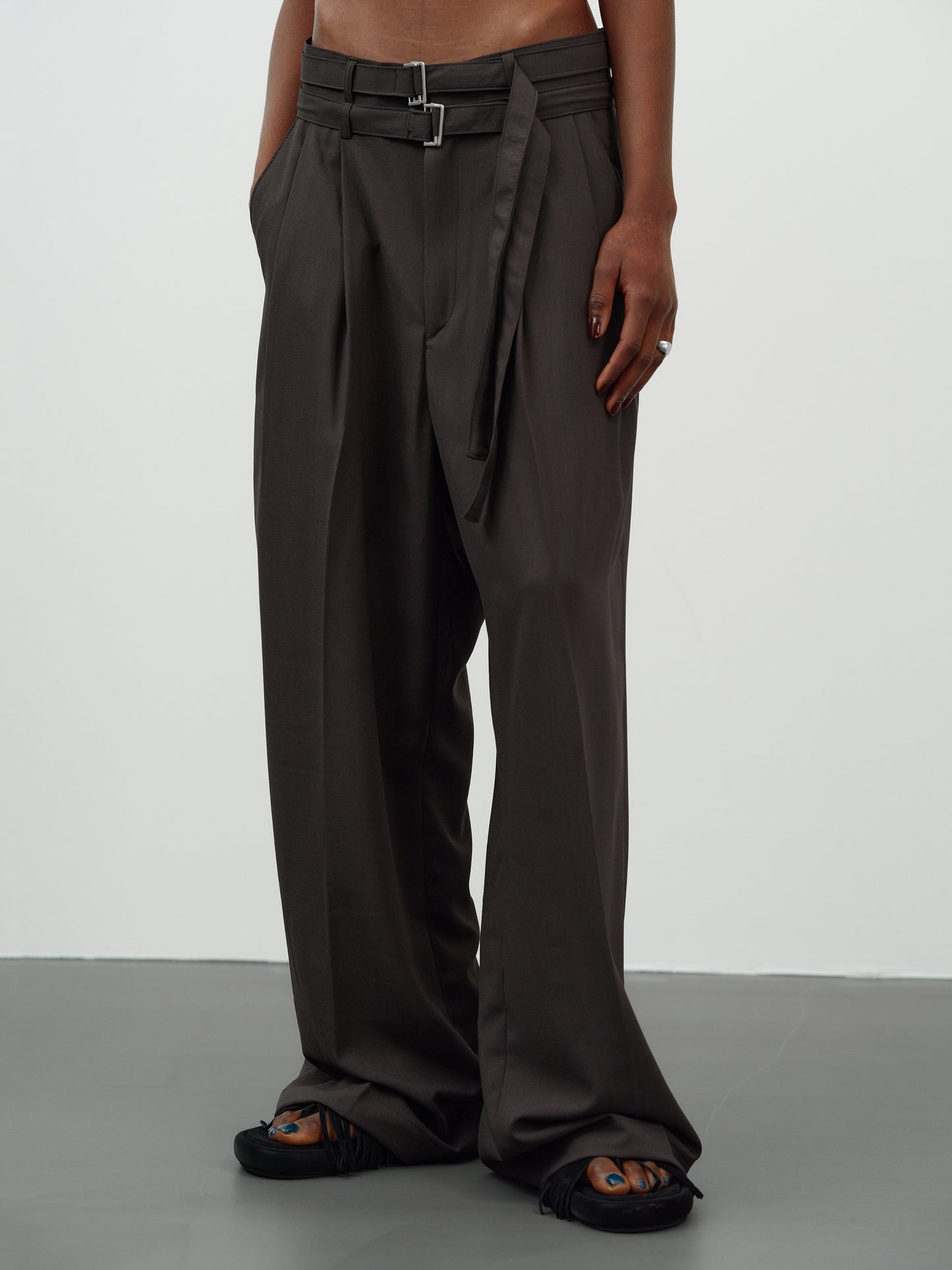 Double Belted Wide Trousers, Dark Grey