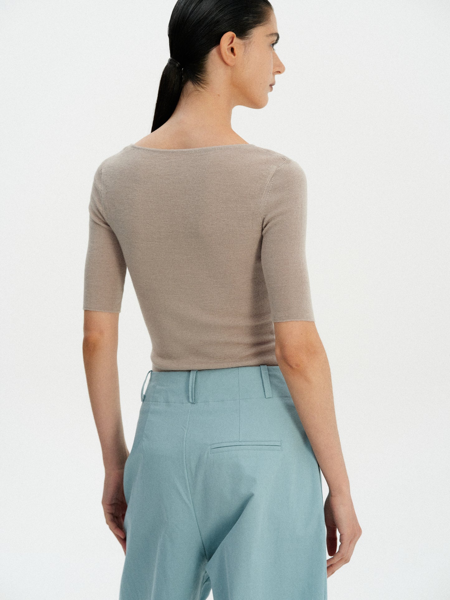 Curve Neck Knit Top, Taupe