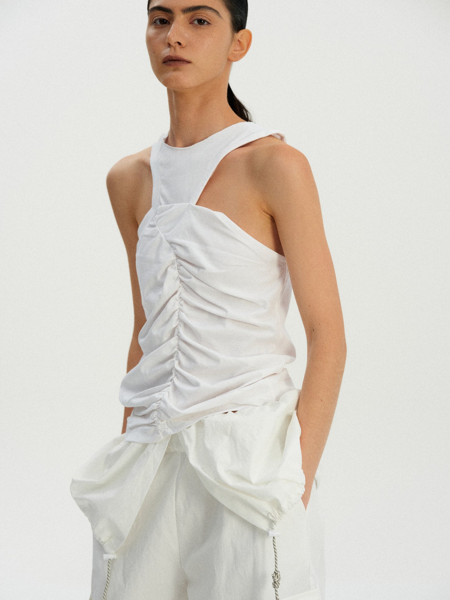 Ruched Racer Tank Top, White