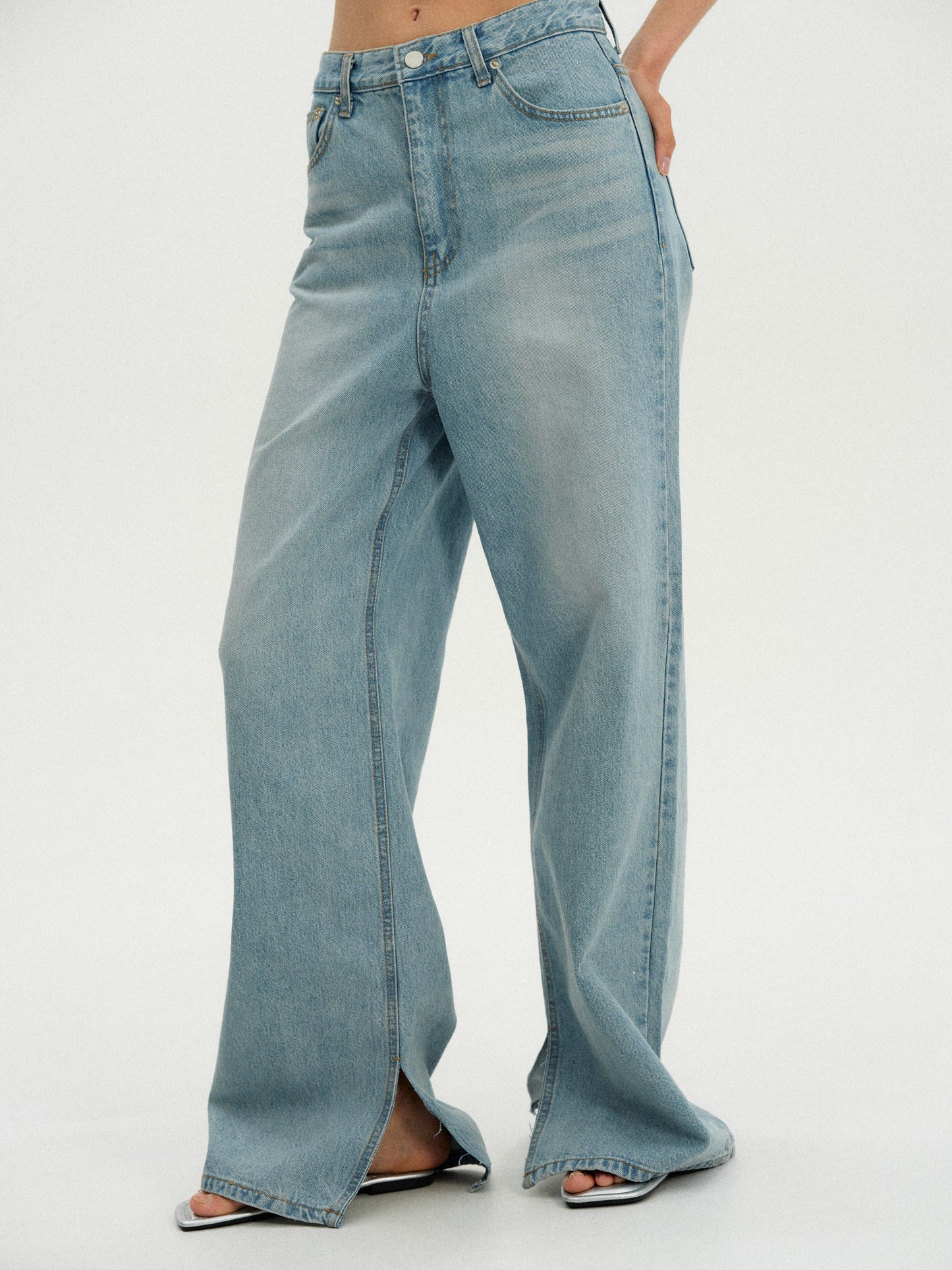 Wide Slit Jeans, Soft Blue