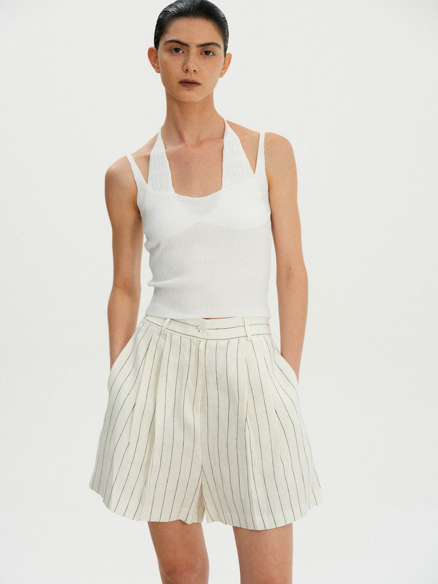 Linen Pinstripe Shorts, Ivory