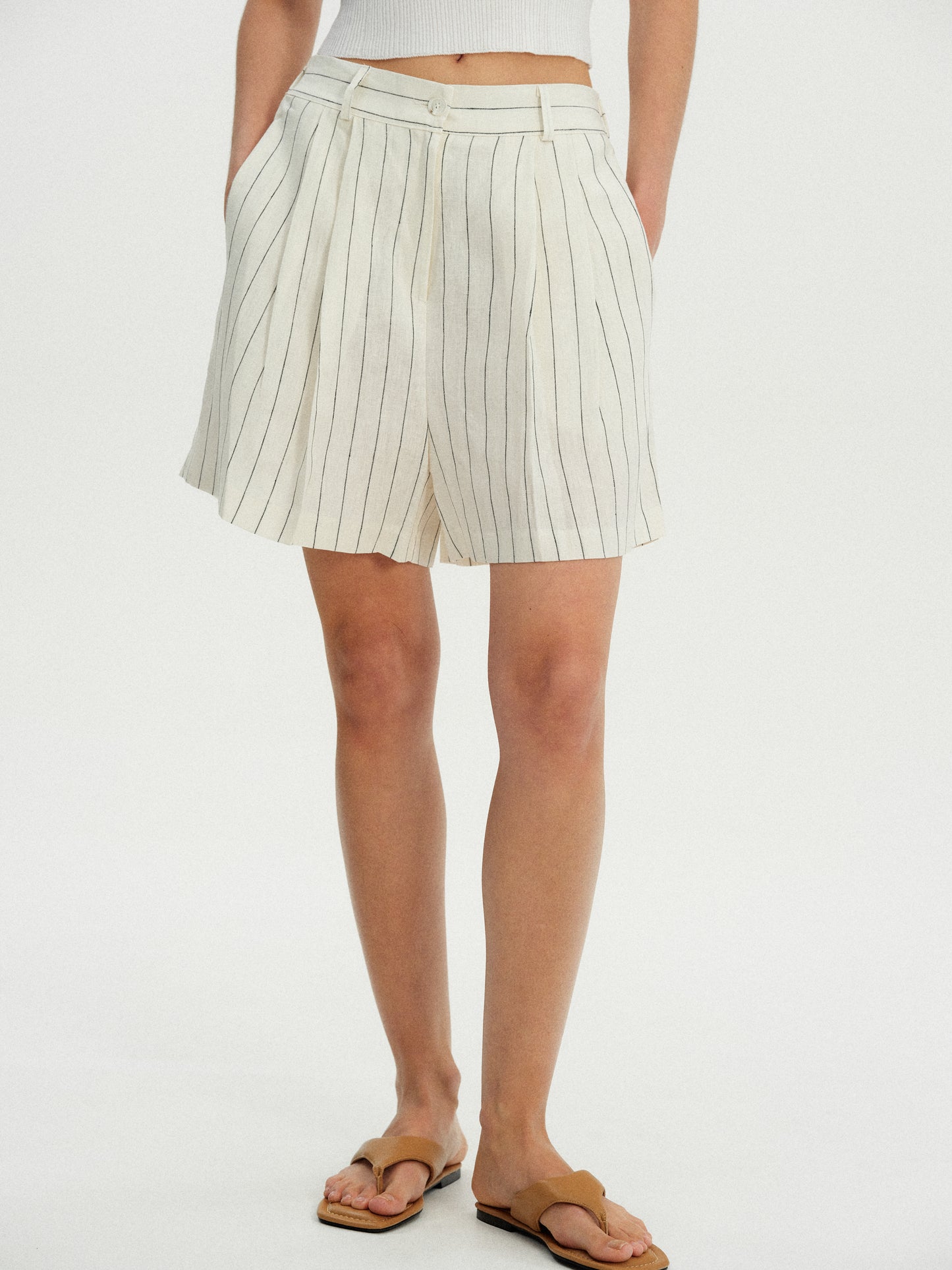 Linen Pinstripe Shorts, Ivory