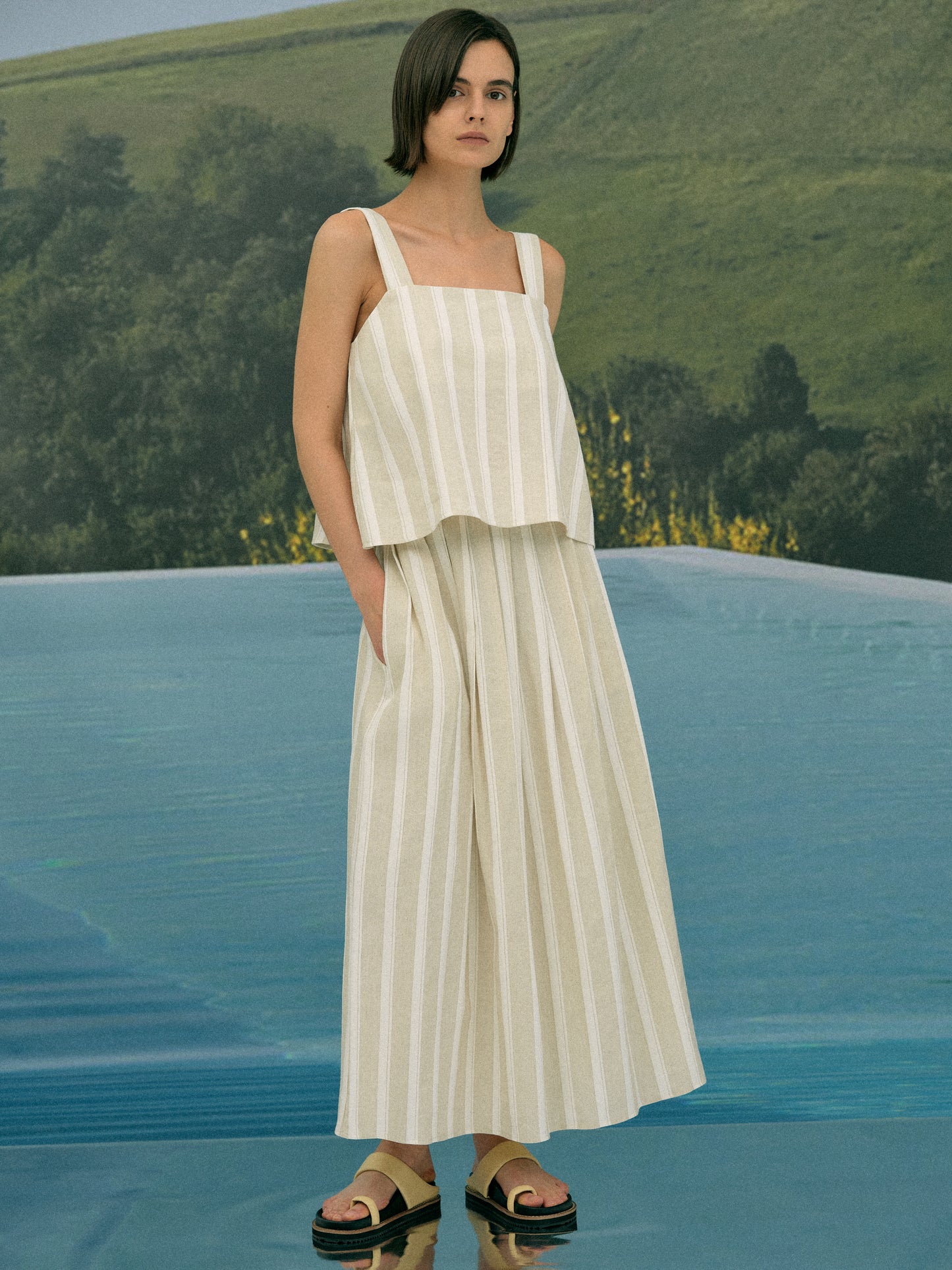 Linen Pleat Skirt, Sand Stripe