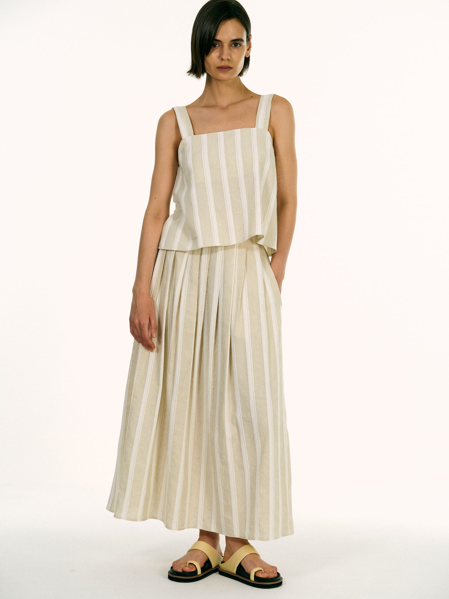 Linen Pleat Skirt, Sand Stripe