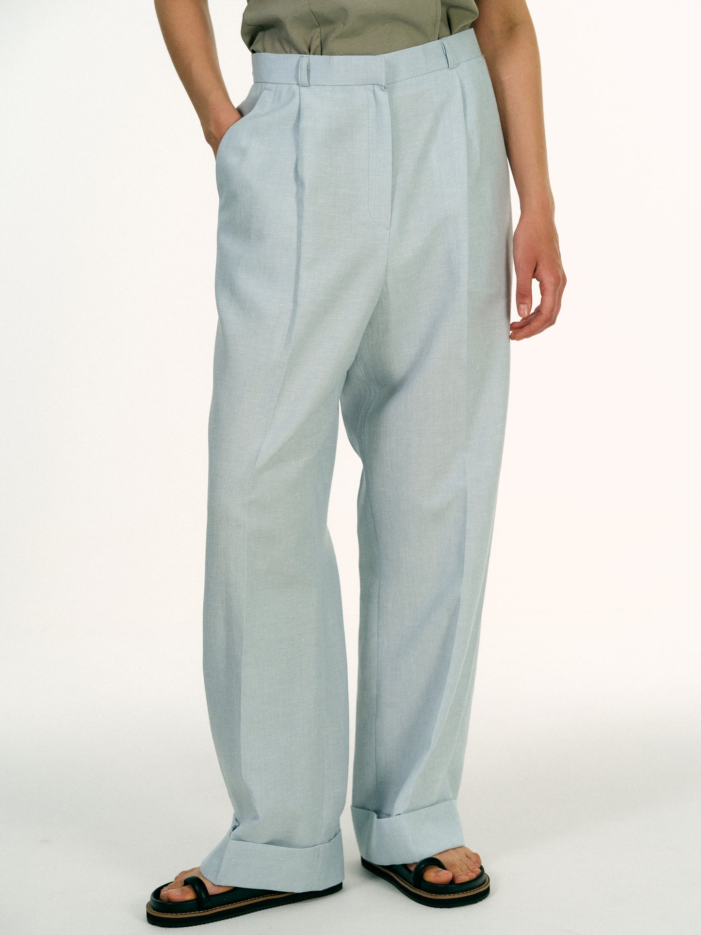 Turn-Up Linen Trousers, Baby Blue
