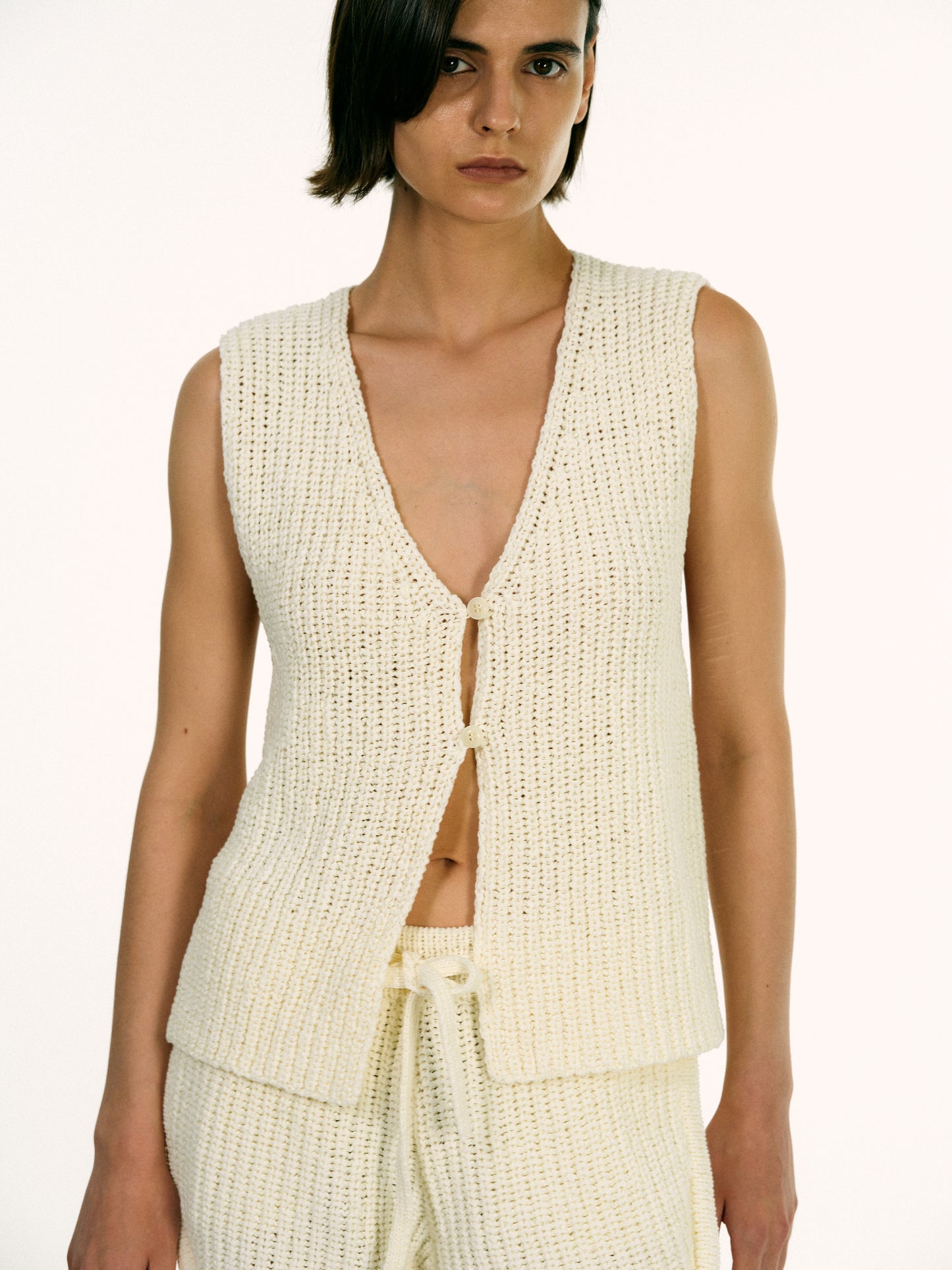 Cotton Crochet Knit Vest, Ivory