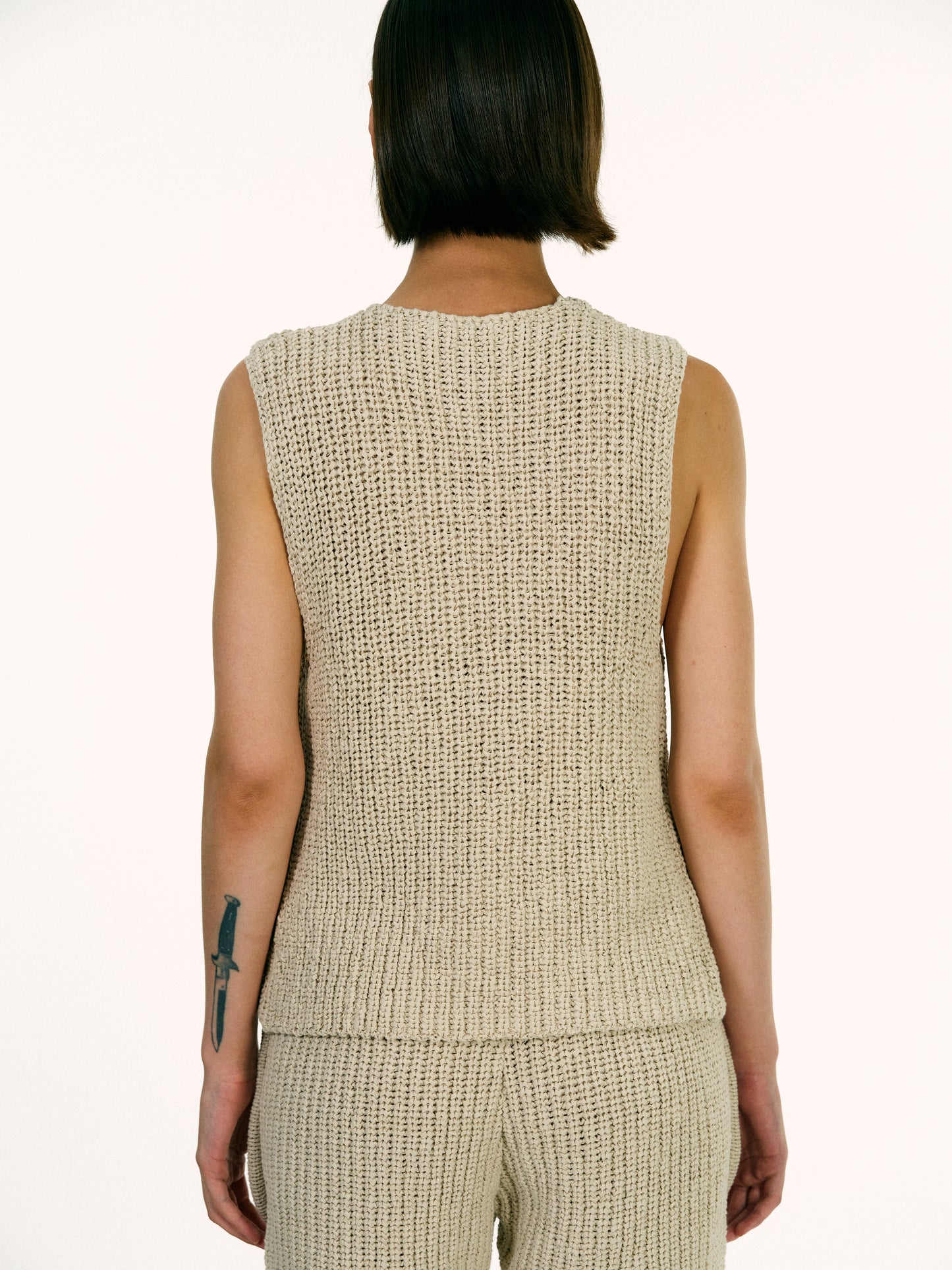 Cotton Crochet Knit Vest, White Asparagus