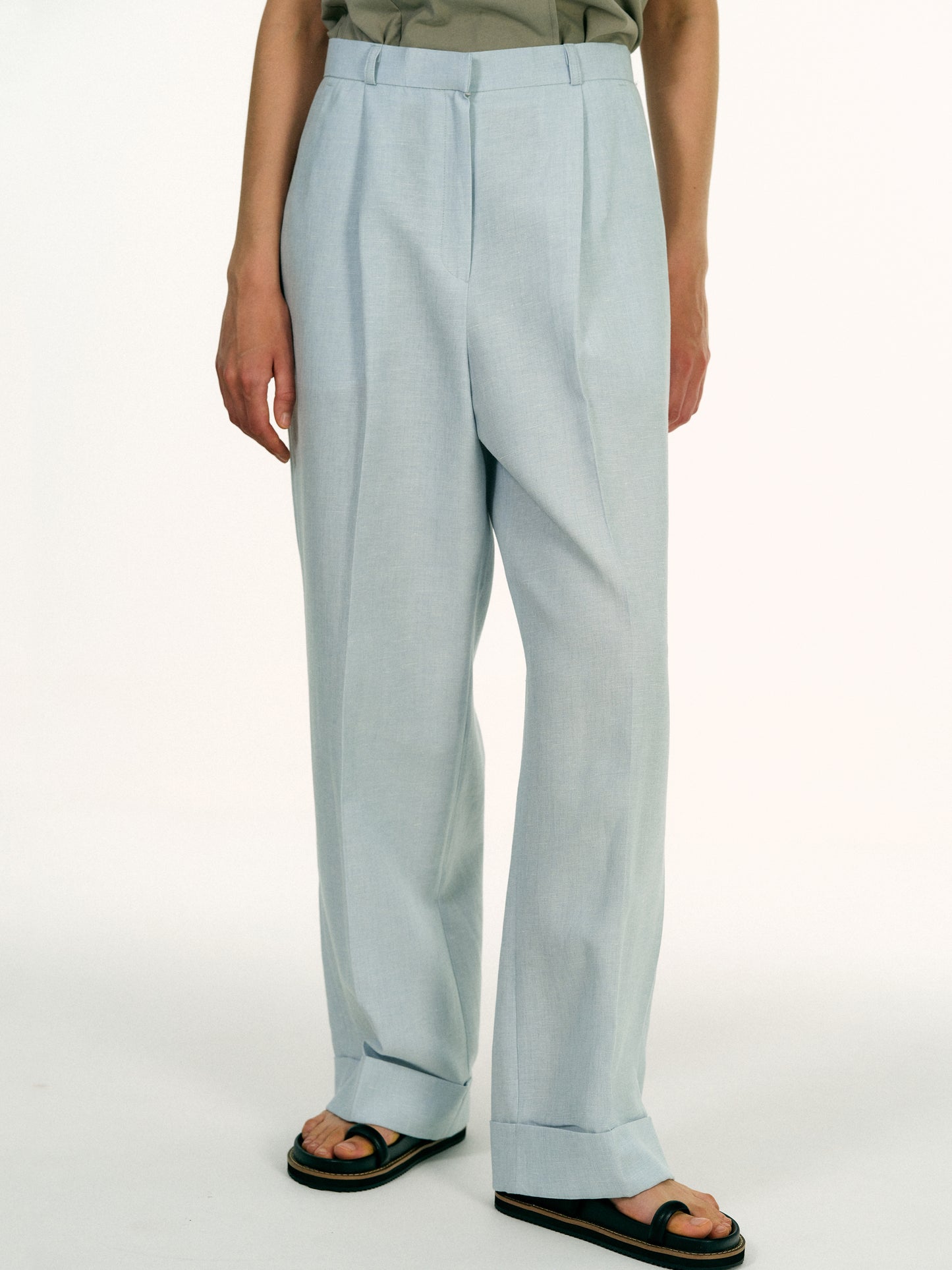 Turn-Up Linen Trousers, Baby Blue