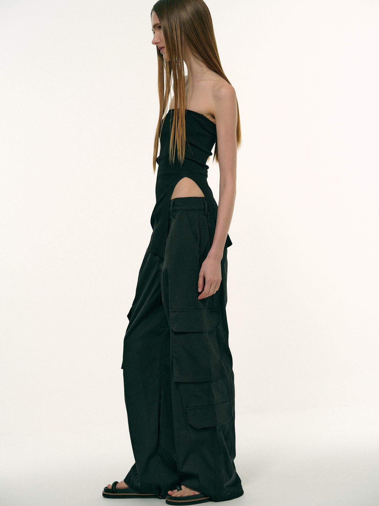 Saori Pants - Mid Rise Satin Cargo Pants in Black