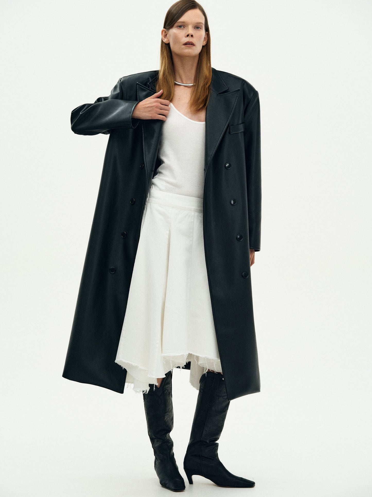 Oversized Faux Leather Trench Coat, Black