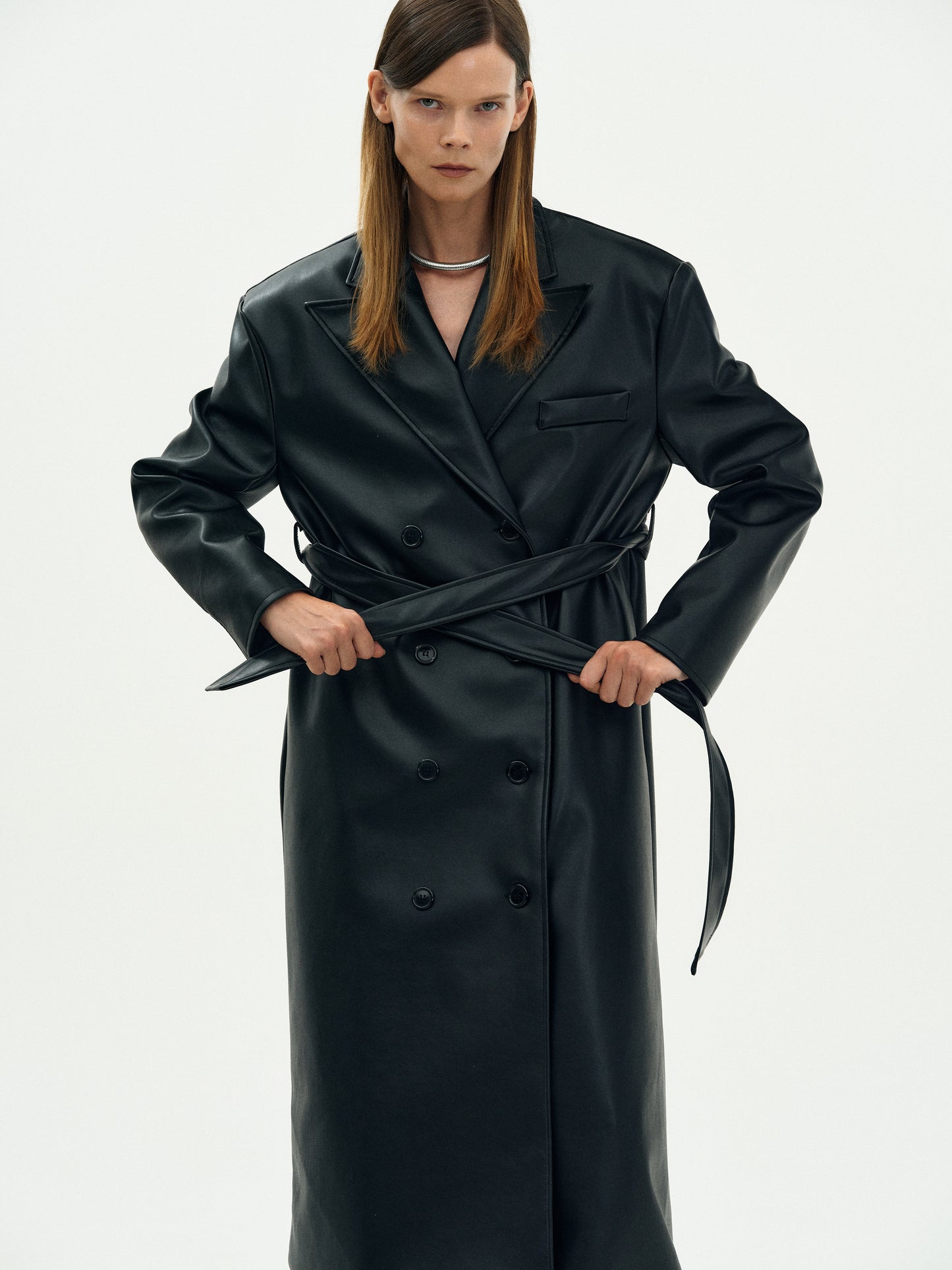 Oversized Faux Leather Trench Coat, Black