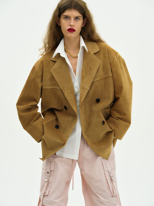 Double Breasted Suede Coat, Camel