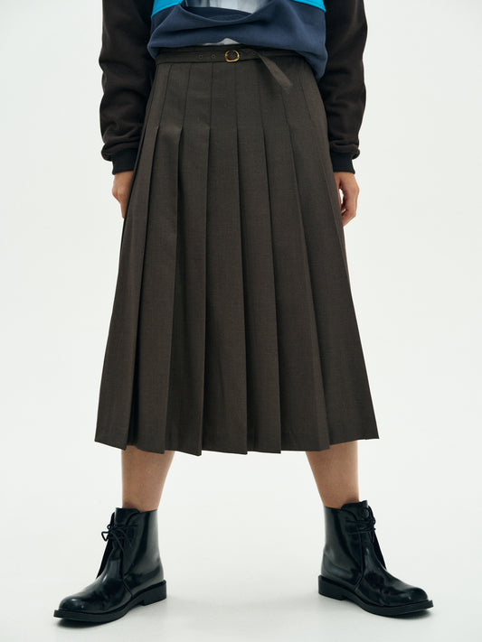 Buckle Pleated Skirt, Bistre