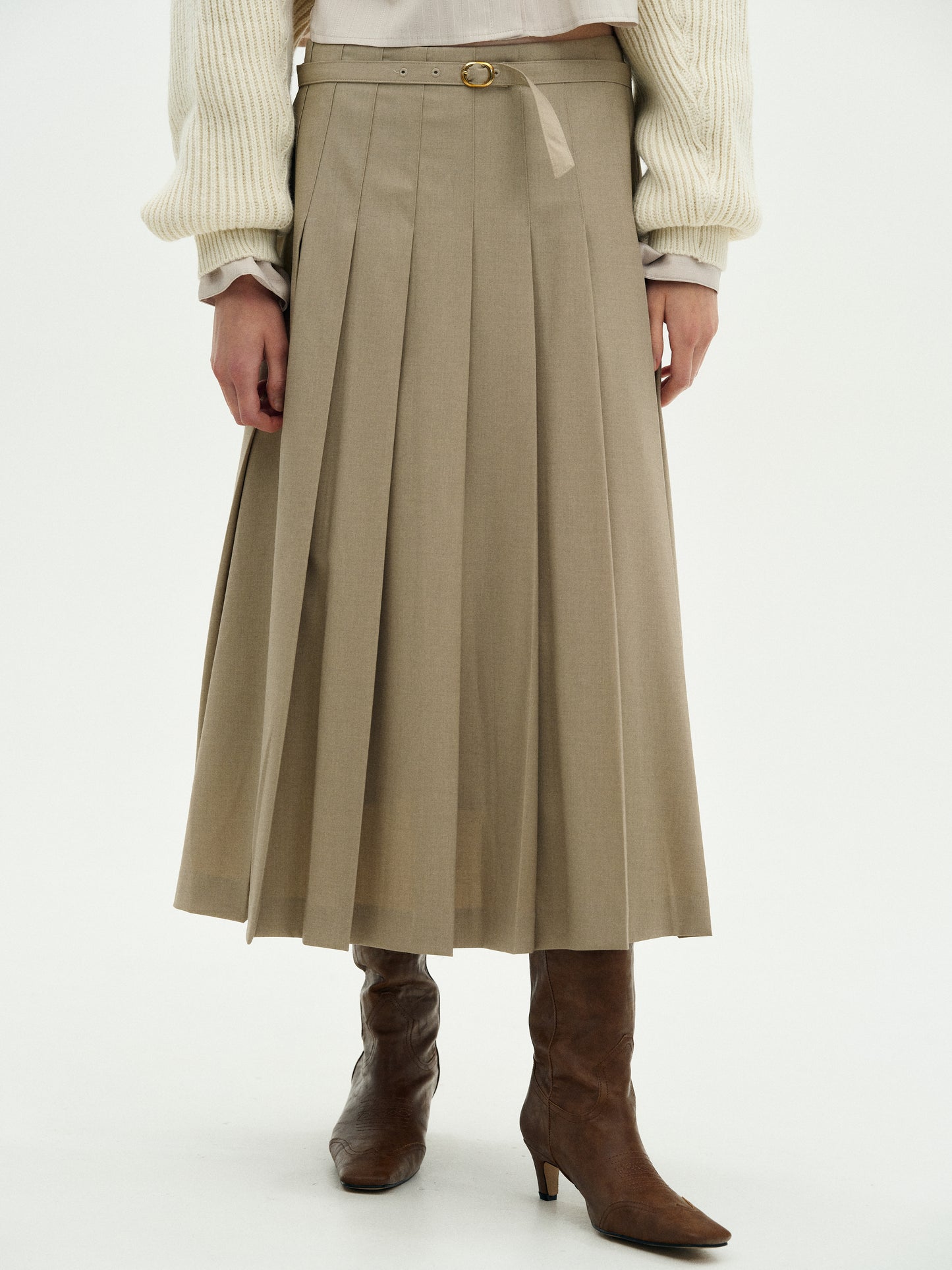 Buckle Pleated Skirt, Sandstone