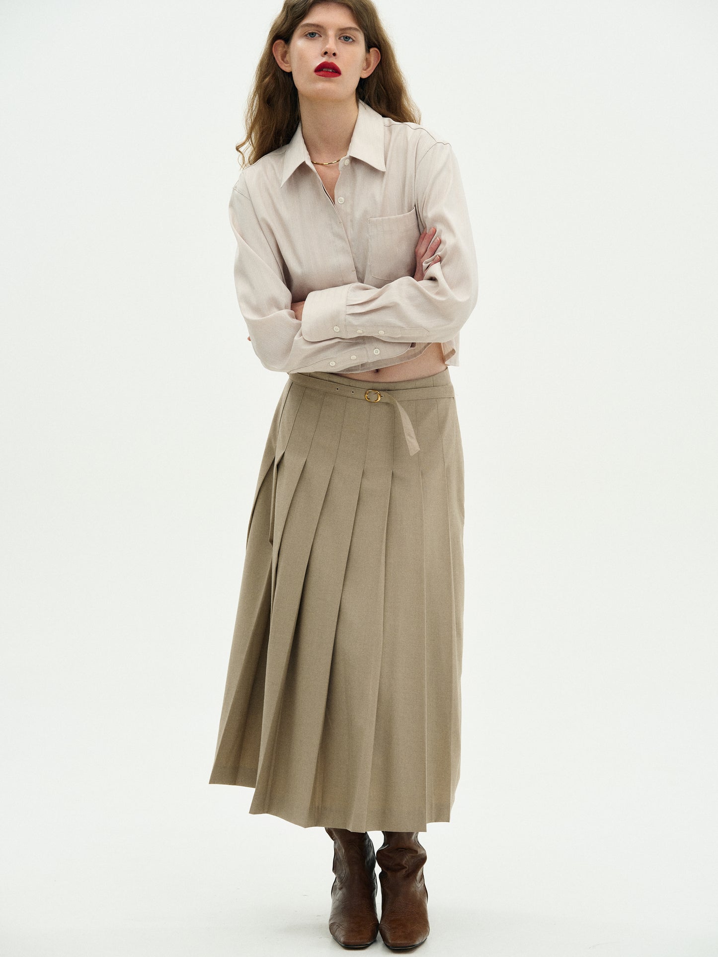 Buckle Pleated Skirt, Sandstone – SourceUnknown