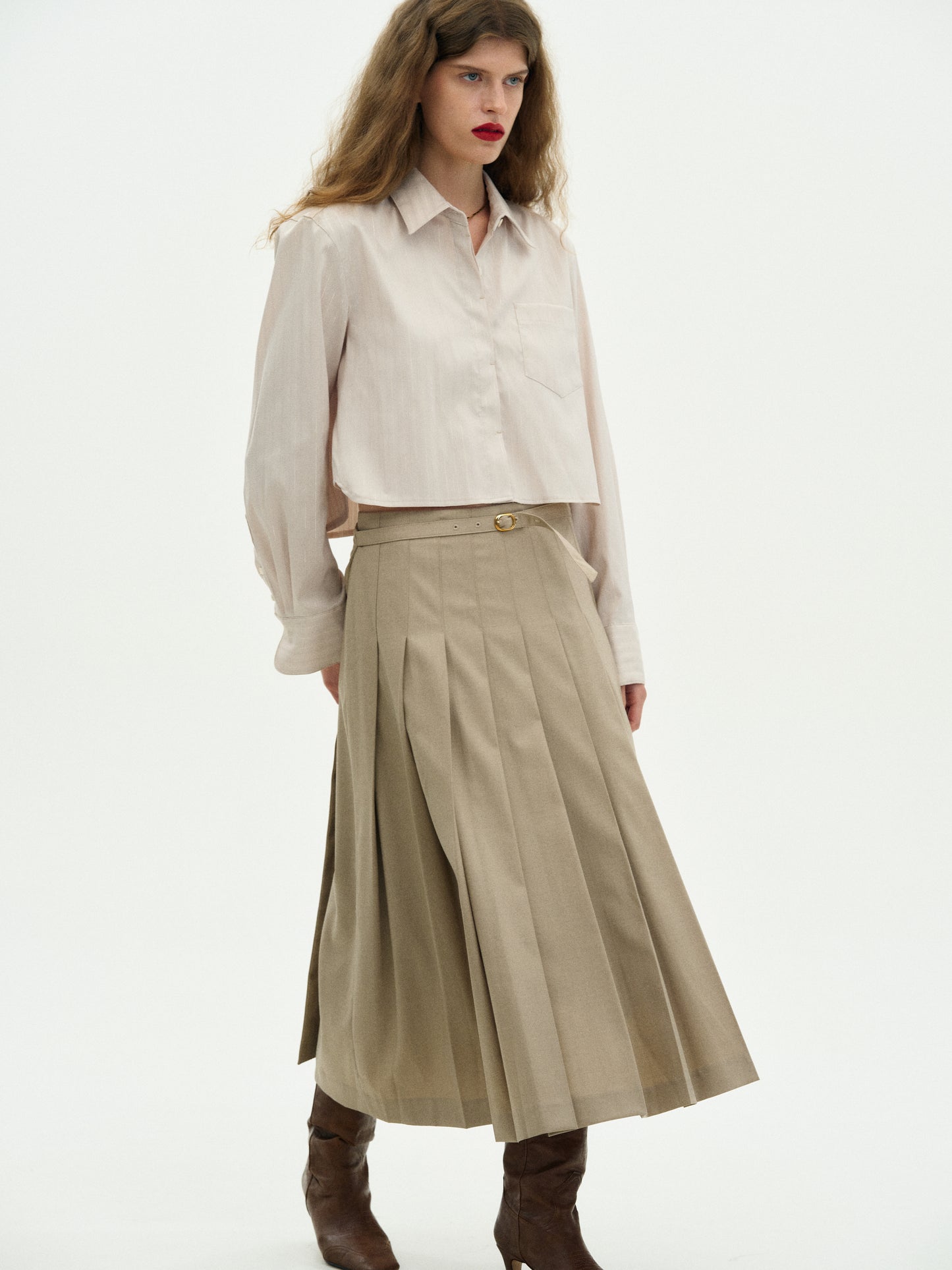 Buckle Pleated Skirt, Sandstone