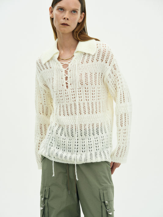Lace-Up Knit Sweater, Ivory