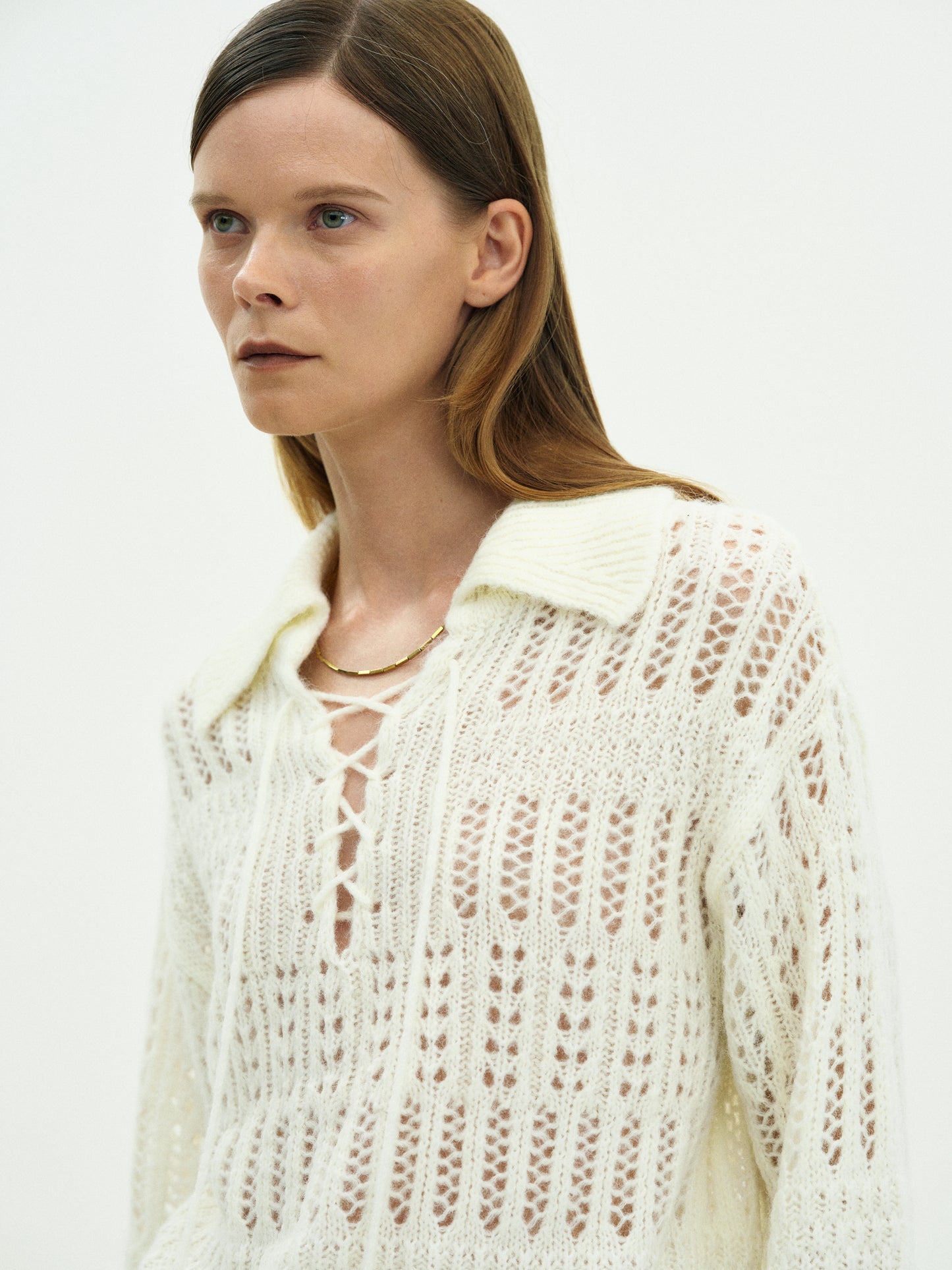 Lace-Up Knit Sweater, Ivory