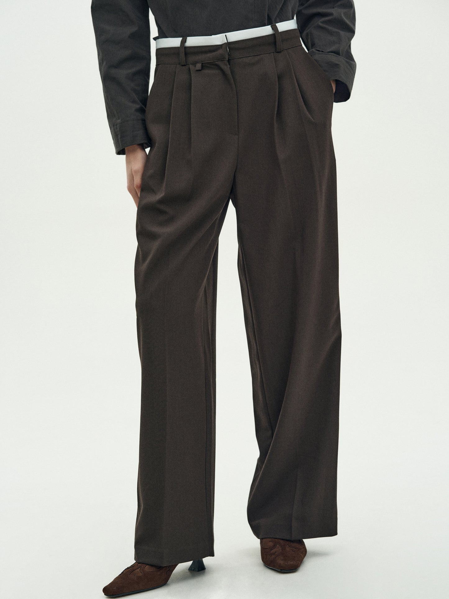 Contrast Waistband Trousers, Brown