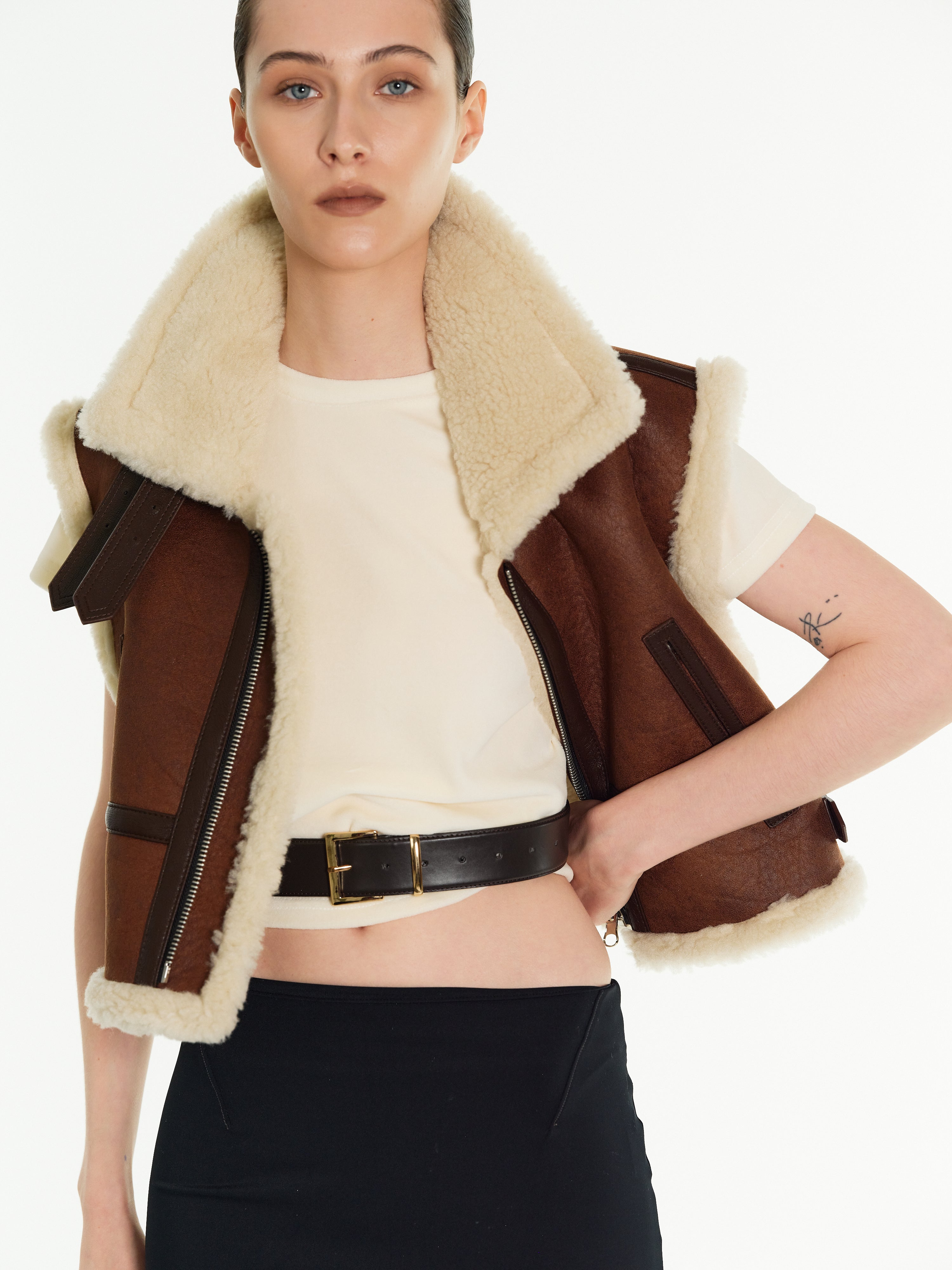 Cropped Shearling Vest, Bison