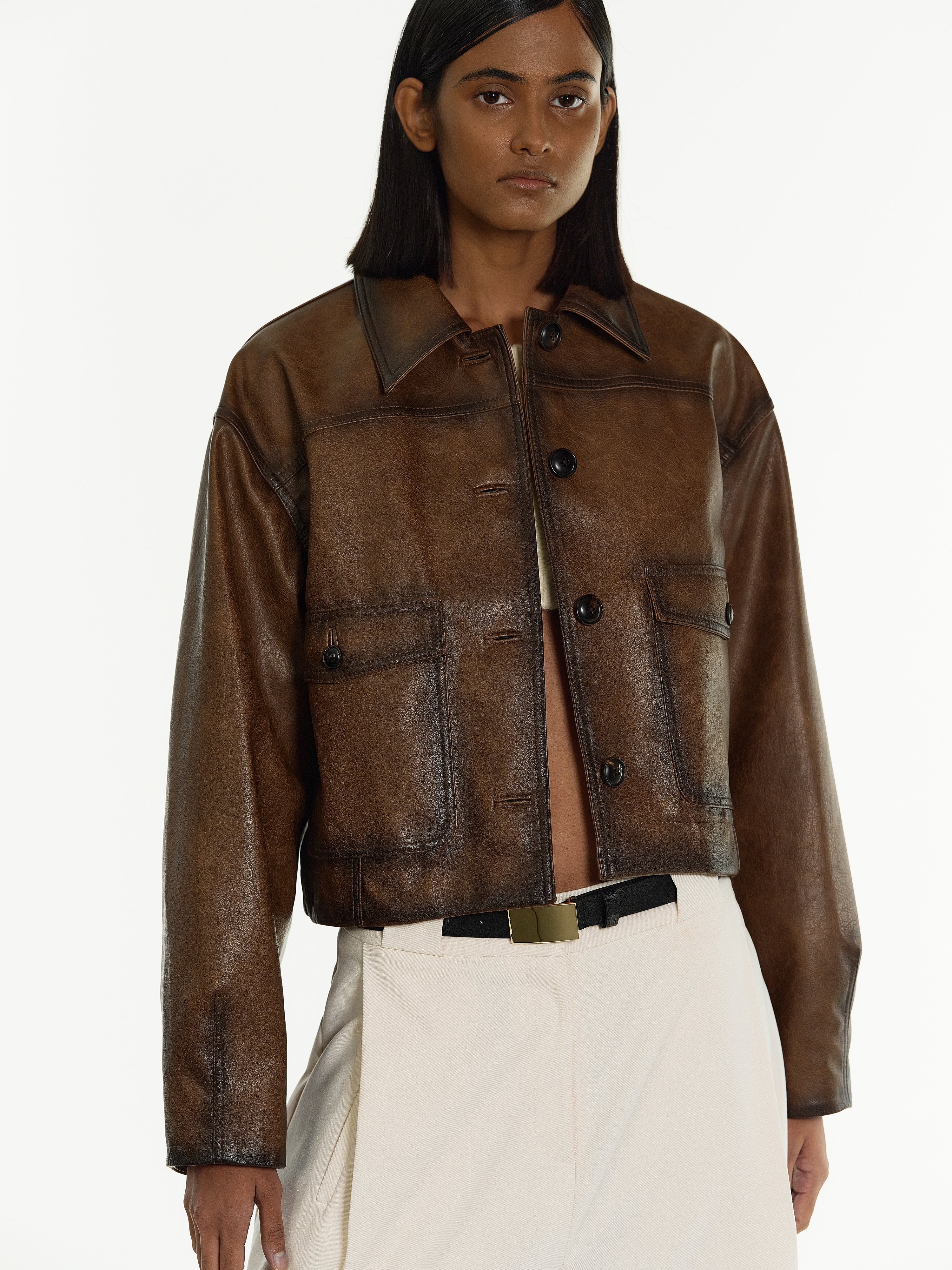 (Pre-order) Grained Faux Leather Jacket, Brown – SourceUnknown