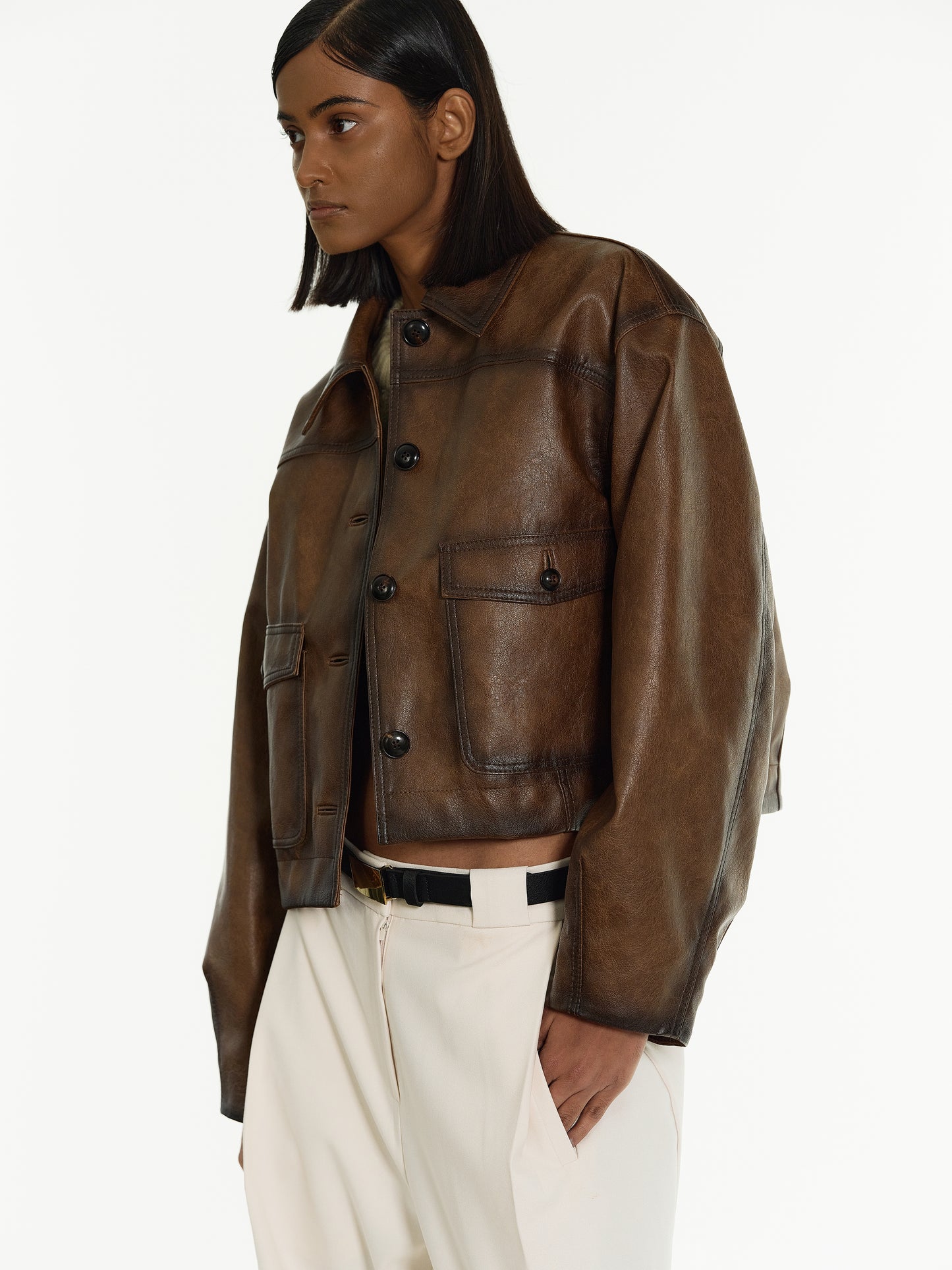 Grained Faux Leather Jacket, Brown