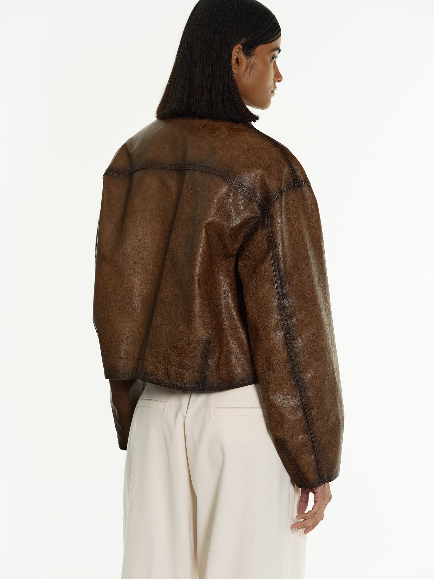 Pre-order) Ennio Faux-Leather Bomber Jacket, Mahogany – SourceUnknown