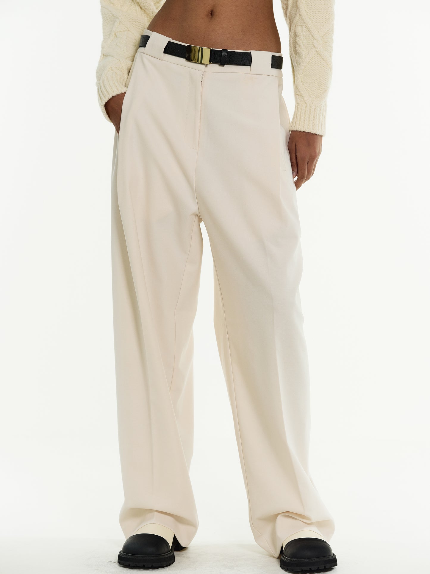 Belted Suit Trousers, Cream
