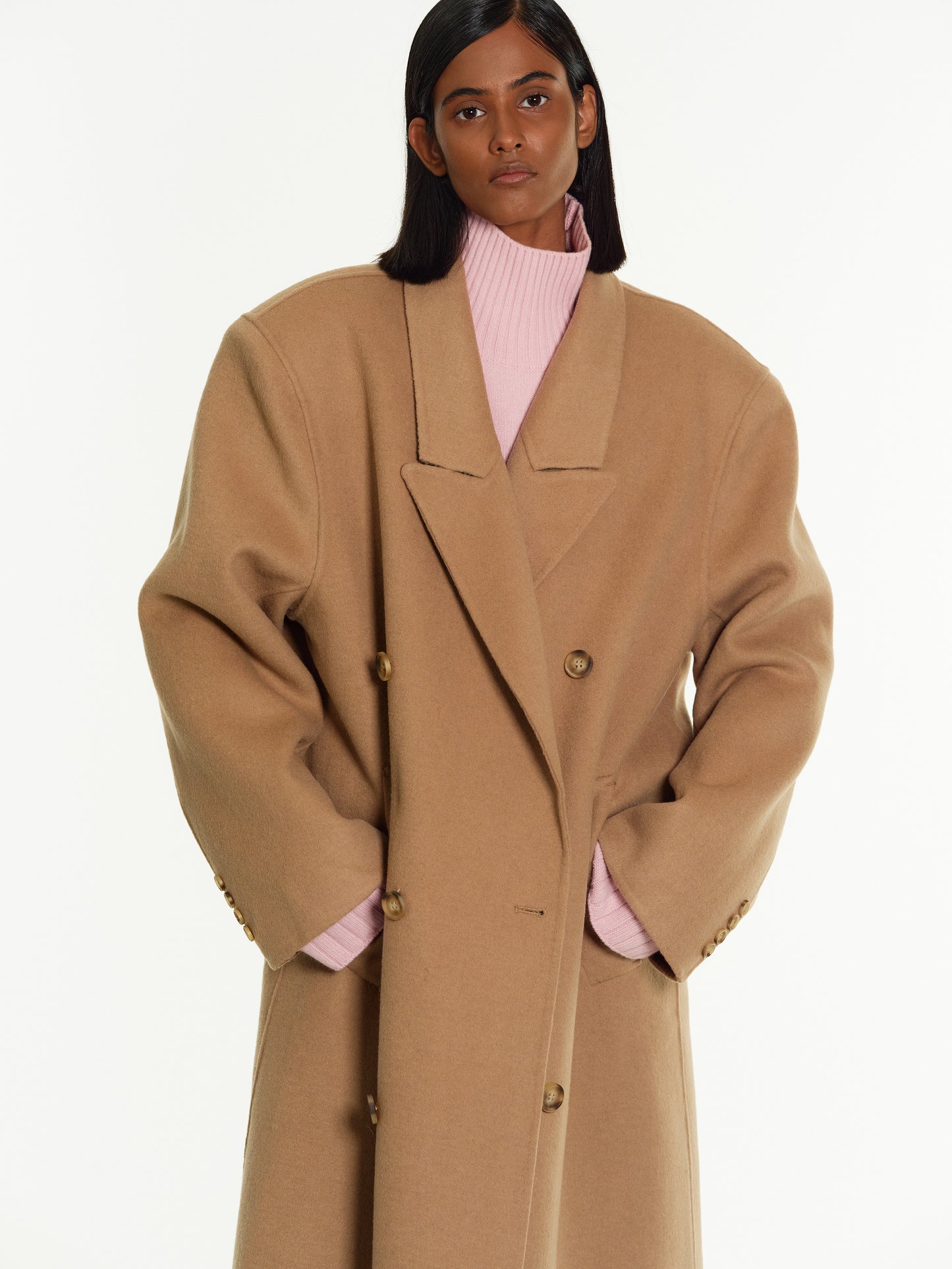 Padded Shoulder Maxi Coat, Camel