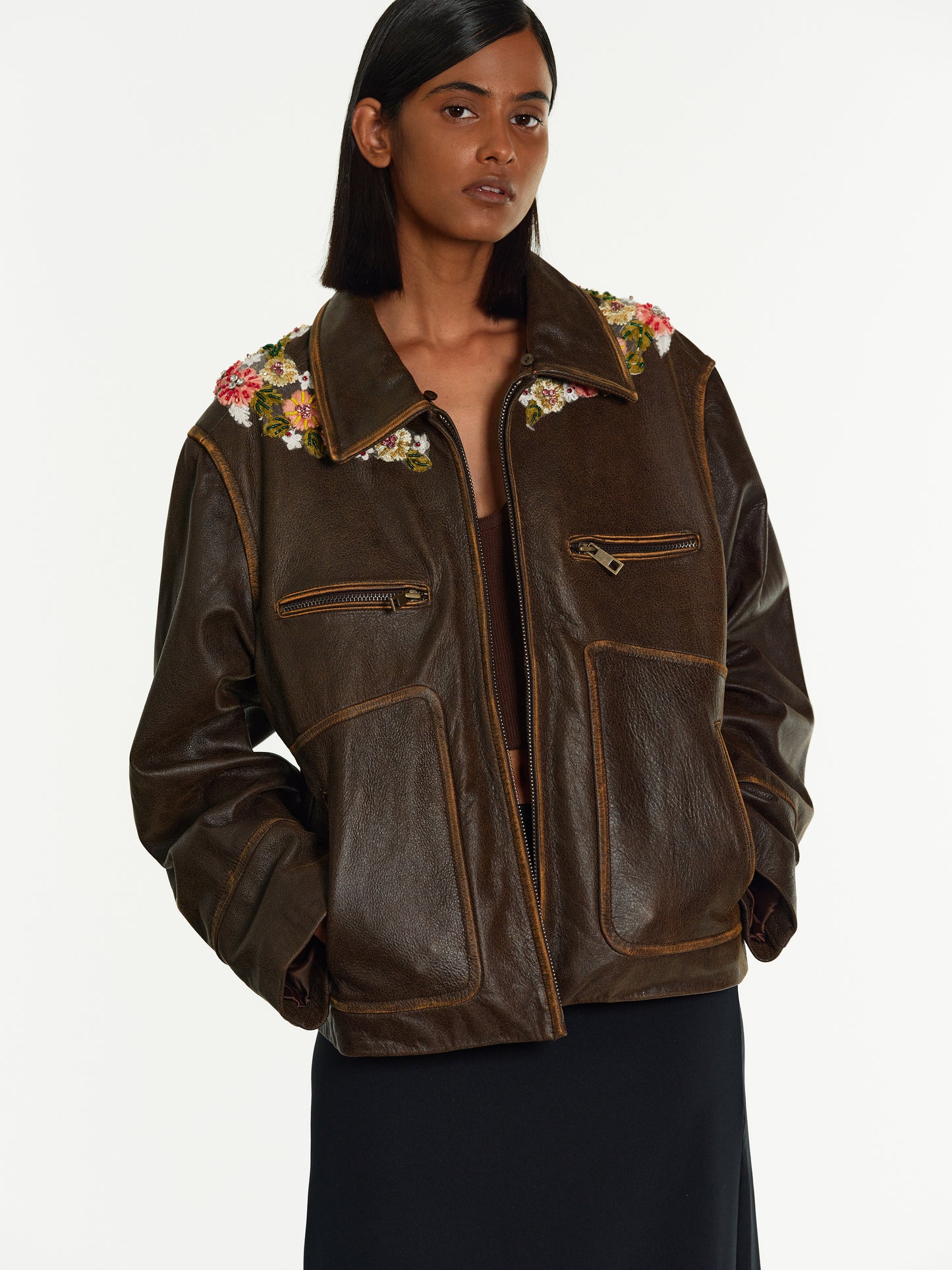 Embroidered Faded Leather Jacket, Coffee