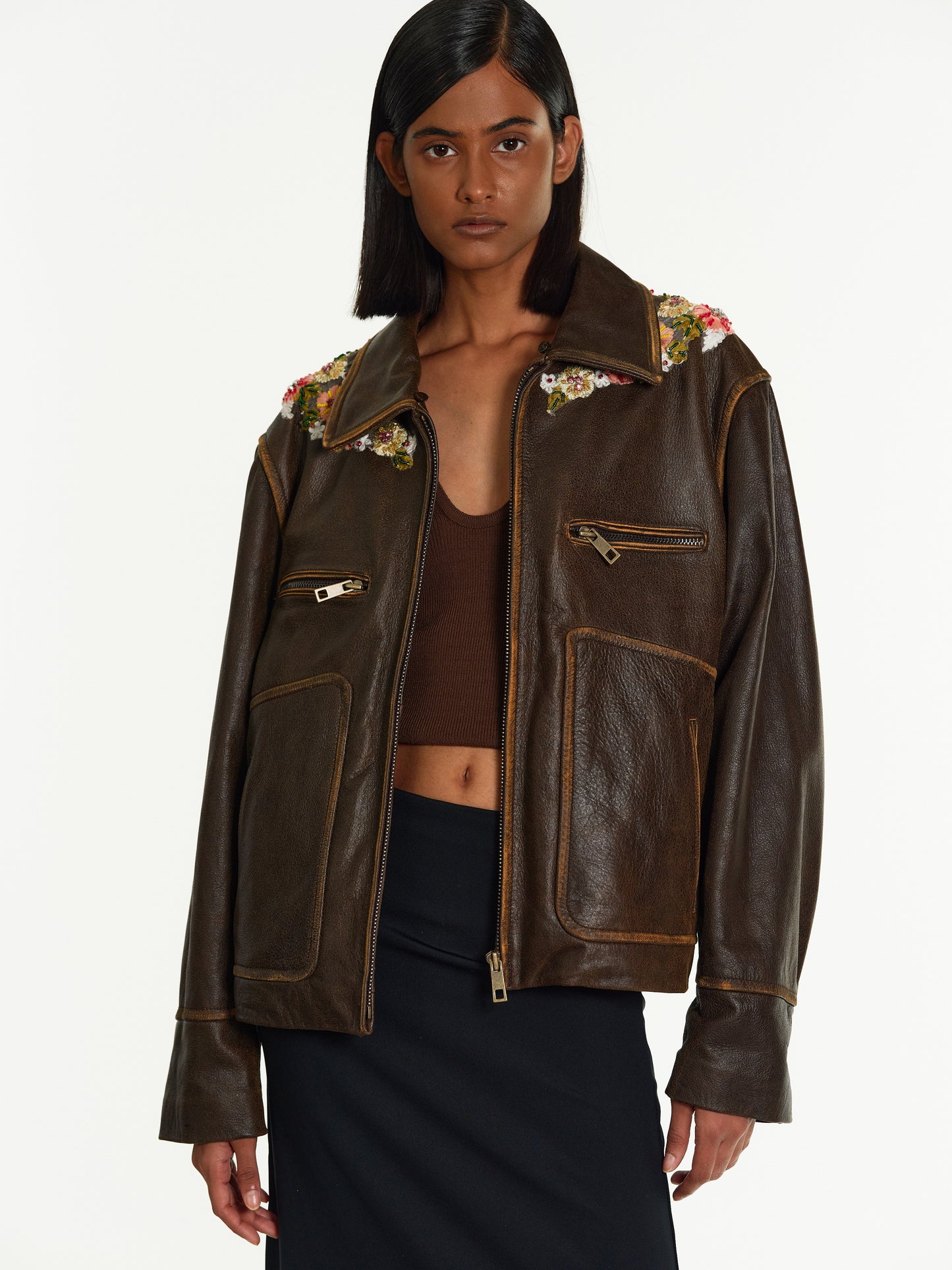 Embroidered Faded Leather Jacket, Coffee