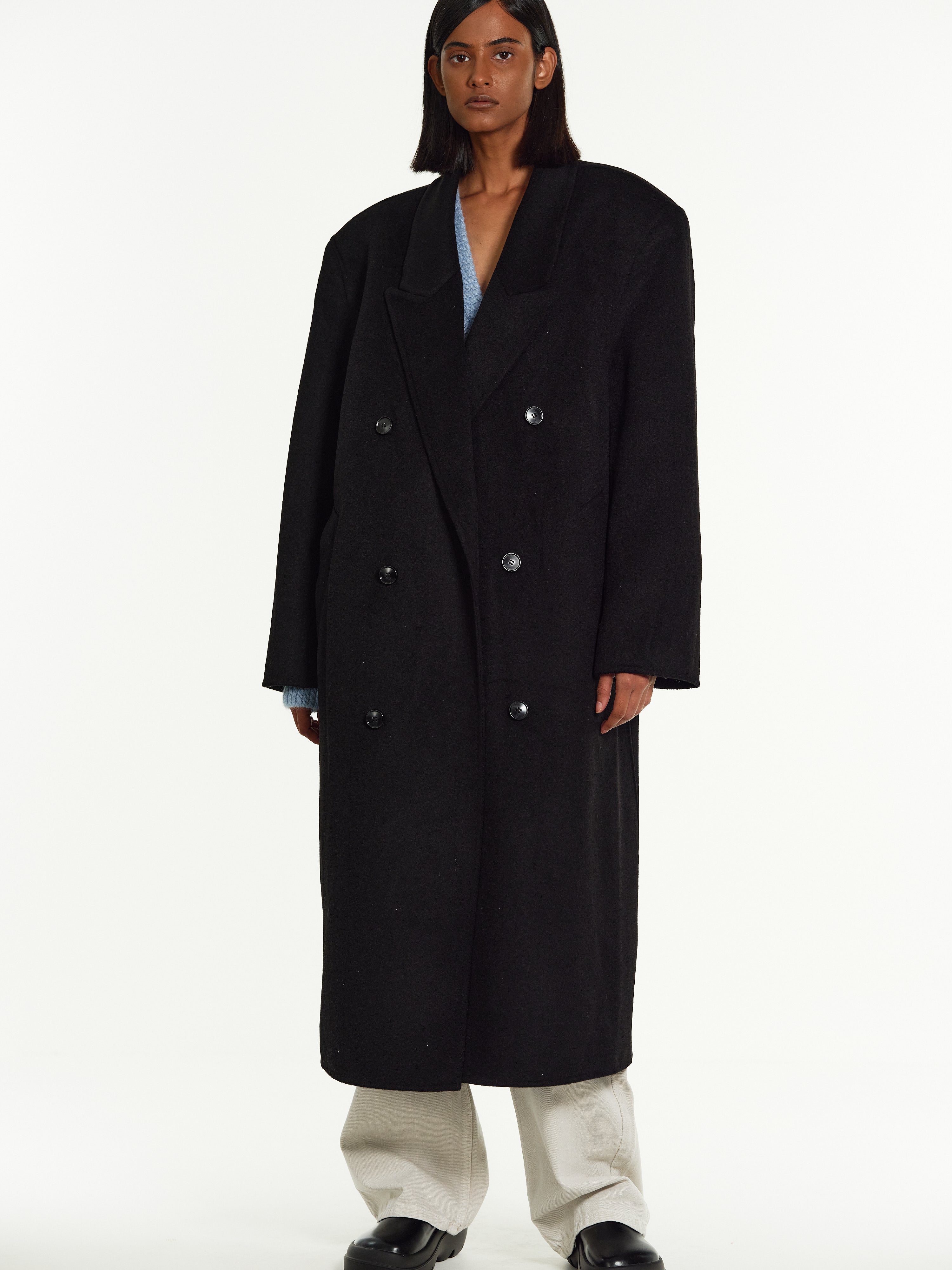 (Pre-order) Padded Shoulder Maxi Coat, Black