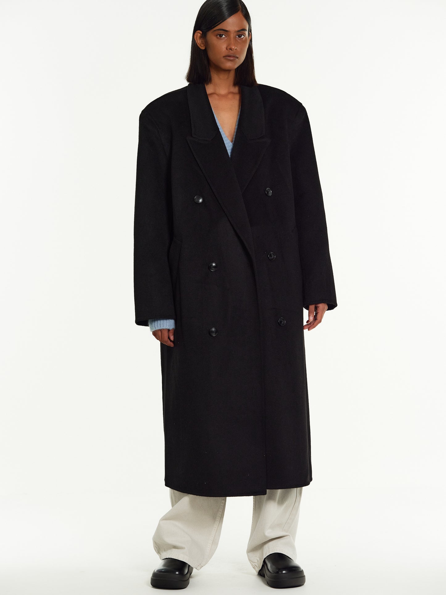 Padded Shoulder Maxi Coat, Black – SourceUnknown
