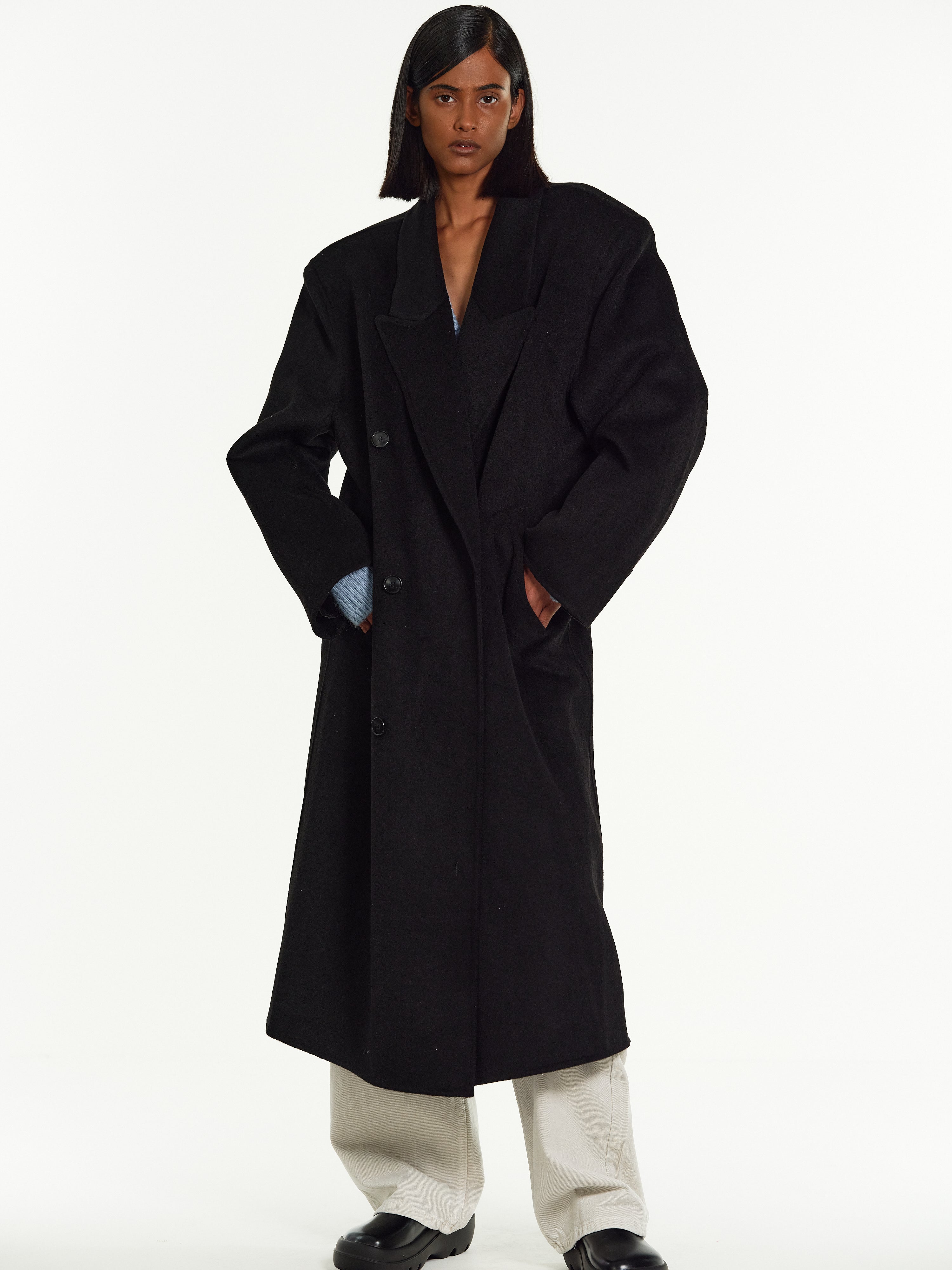 Pre-order) Padded Shoulder Maxi Coat, Black – SourceUnknown
