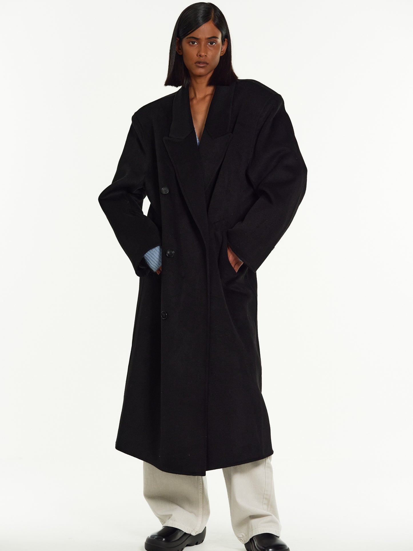 Zvika Padded Shoulder Maxi Coat, Black