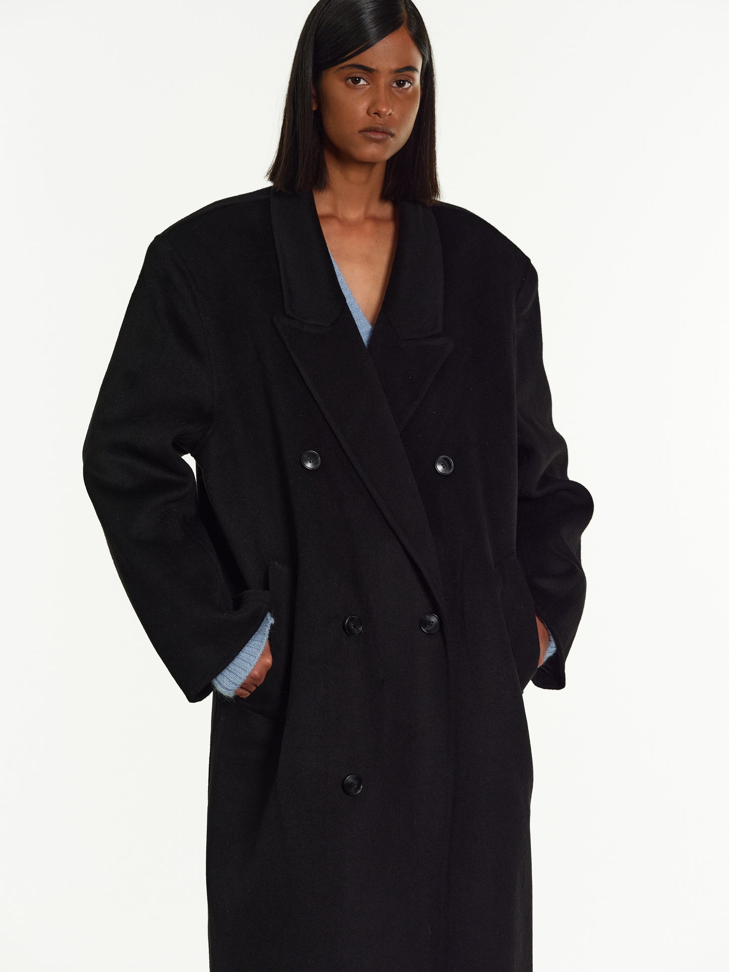 Zvika Padded Shoulder Maxi Coat, Black