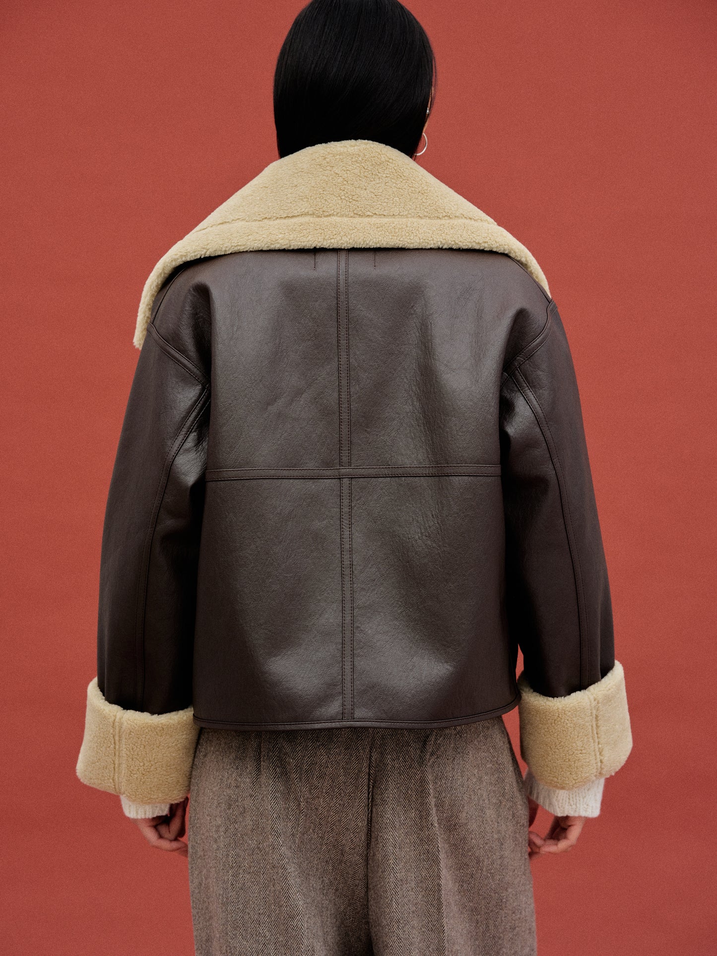 Shearling Collar Leather Jacket, Walnut