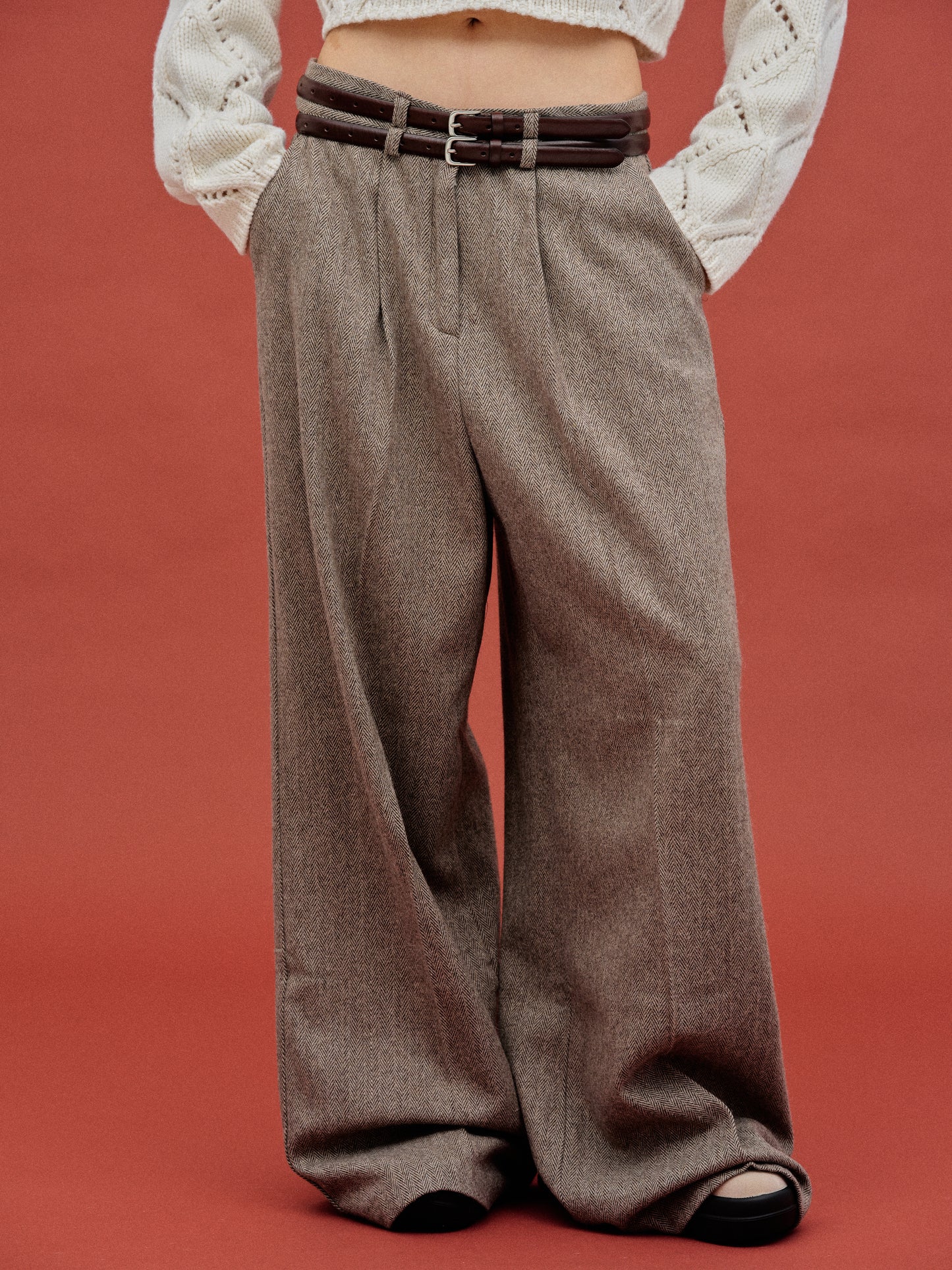 Oversized Wool Trousers, Brown Melange