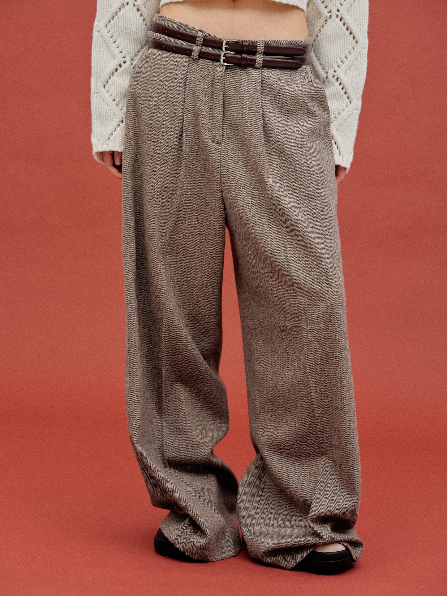 Oversized Wool Trousers, Brown Melange