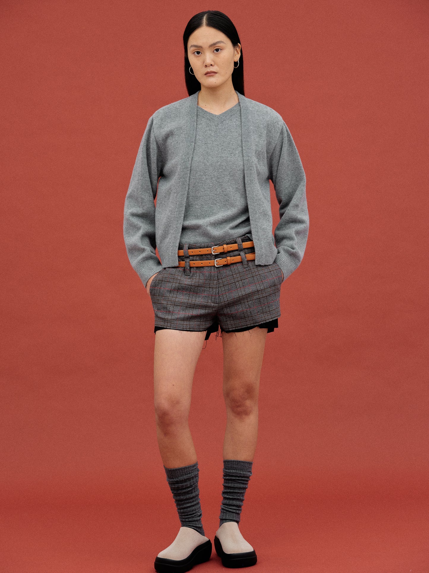 Double Belt Loop Checked Shorts, Charcoal