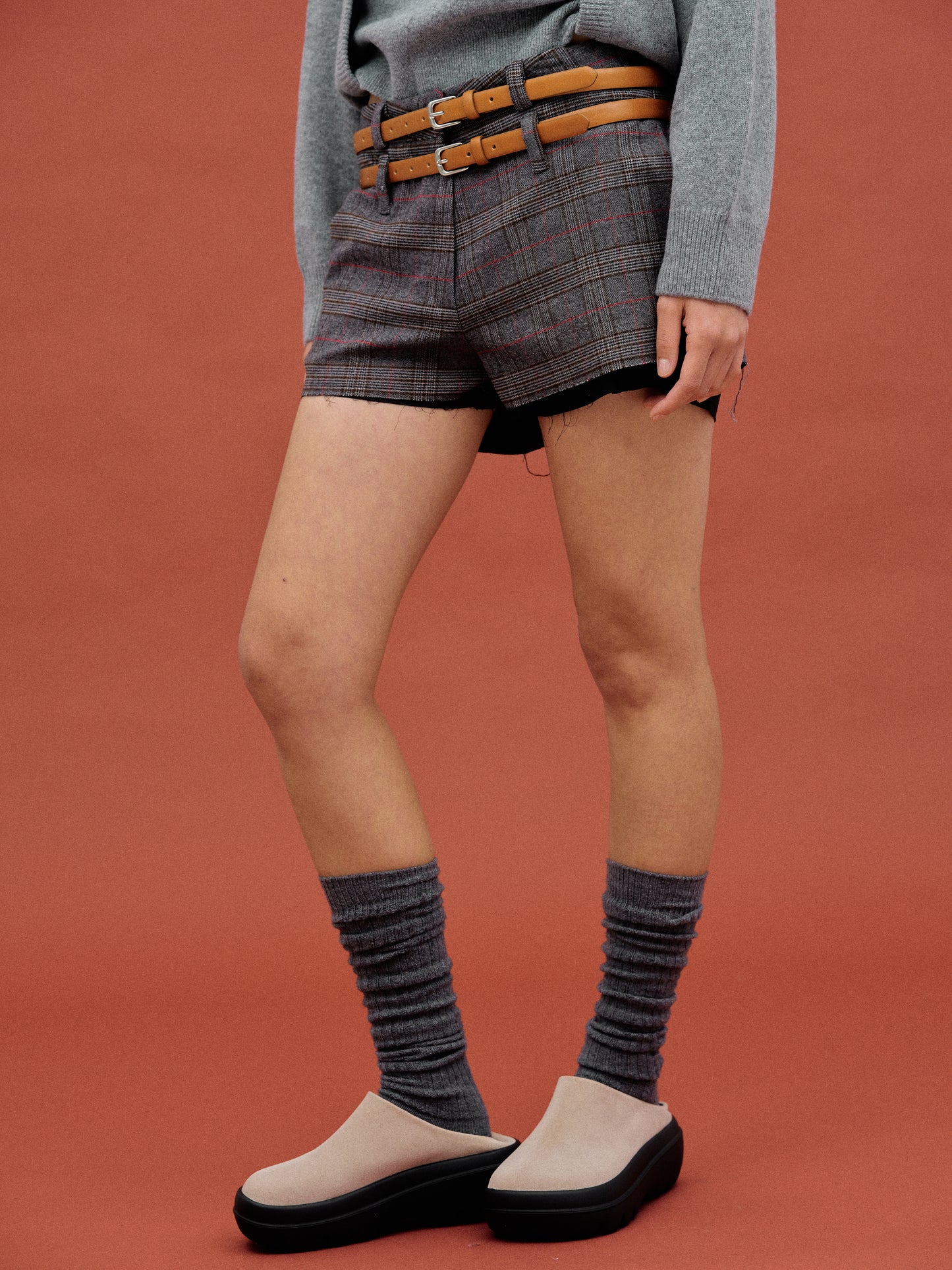 Double Belt Loop Checked Shorts, Charcoal