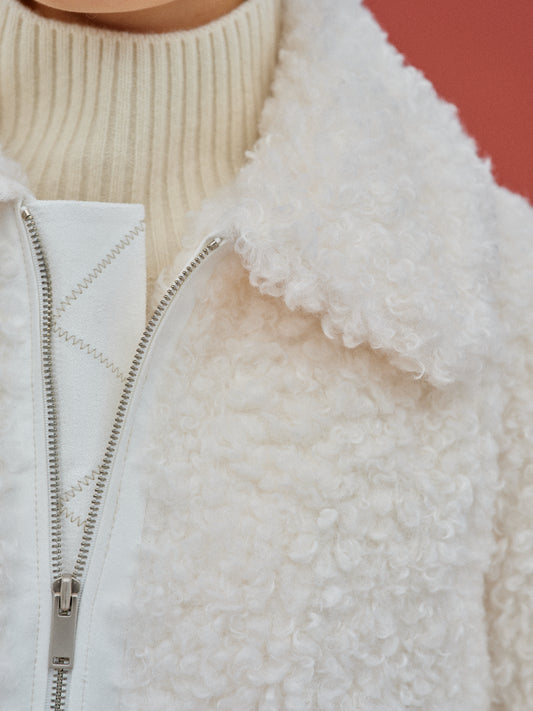 Curly Faux-Fur Jacket, White