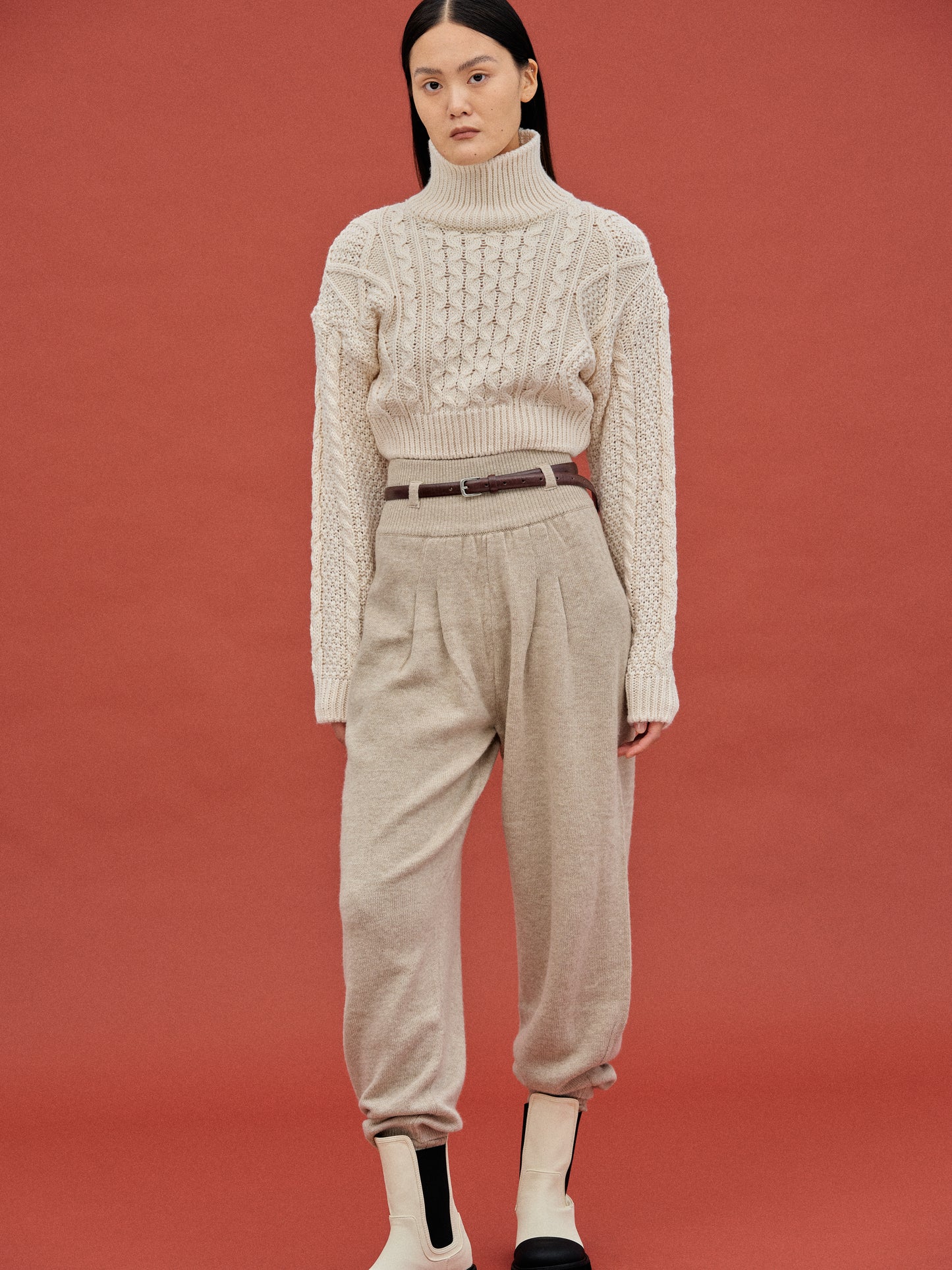 Cropped Turtleneck Cable Knit, Ivory