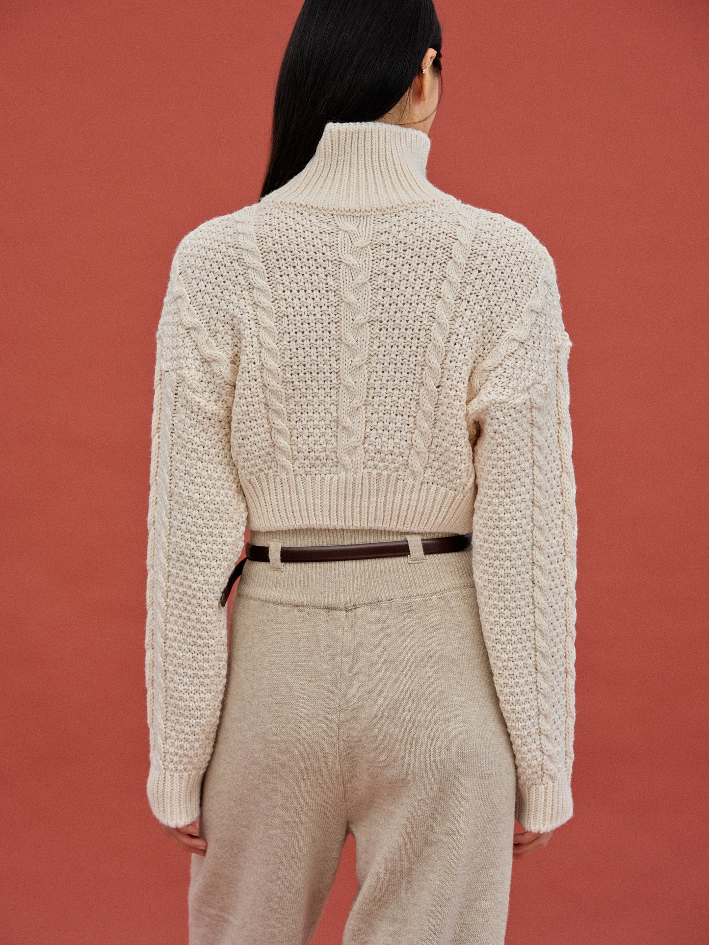 Cropped Turtleneck Cable Knit, Ivory