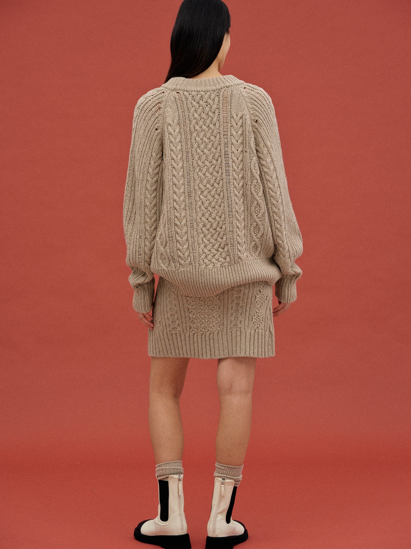 Curved Cable Knit Skirt, Almond