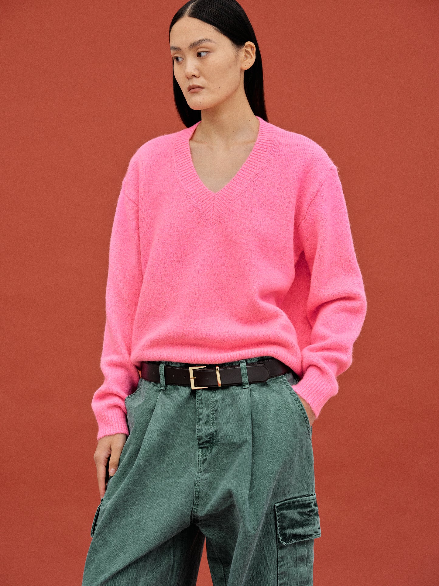 V-Neck Knit Sweater, Hot Pink