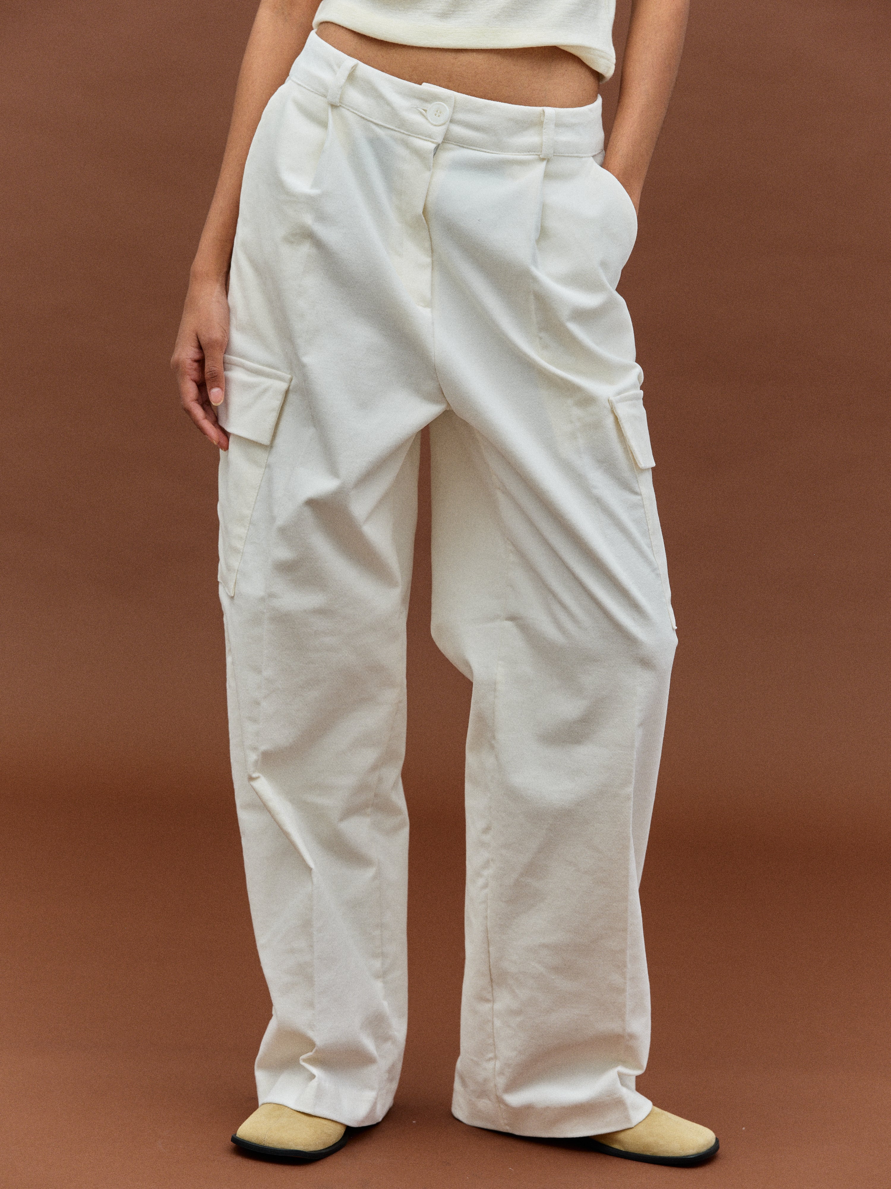 Cotton Velvet Cargo Pants, Ivory