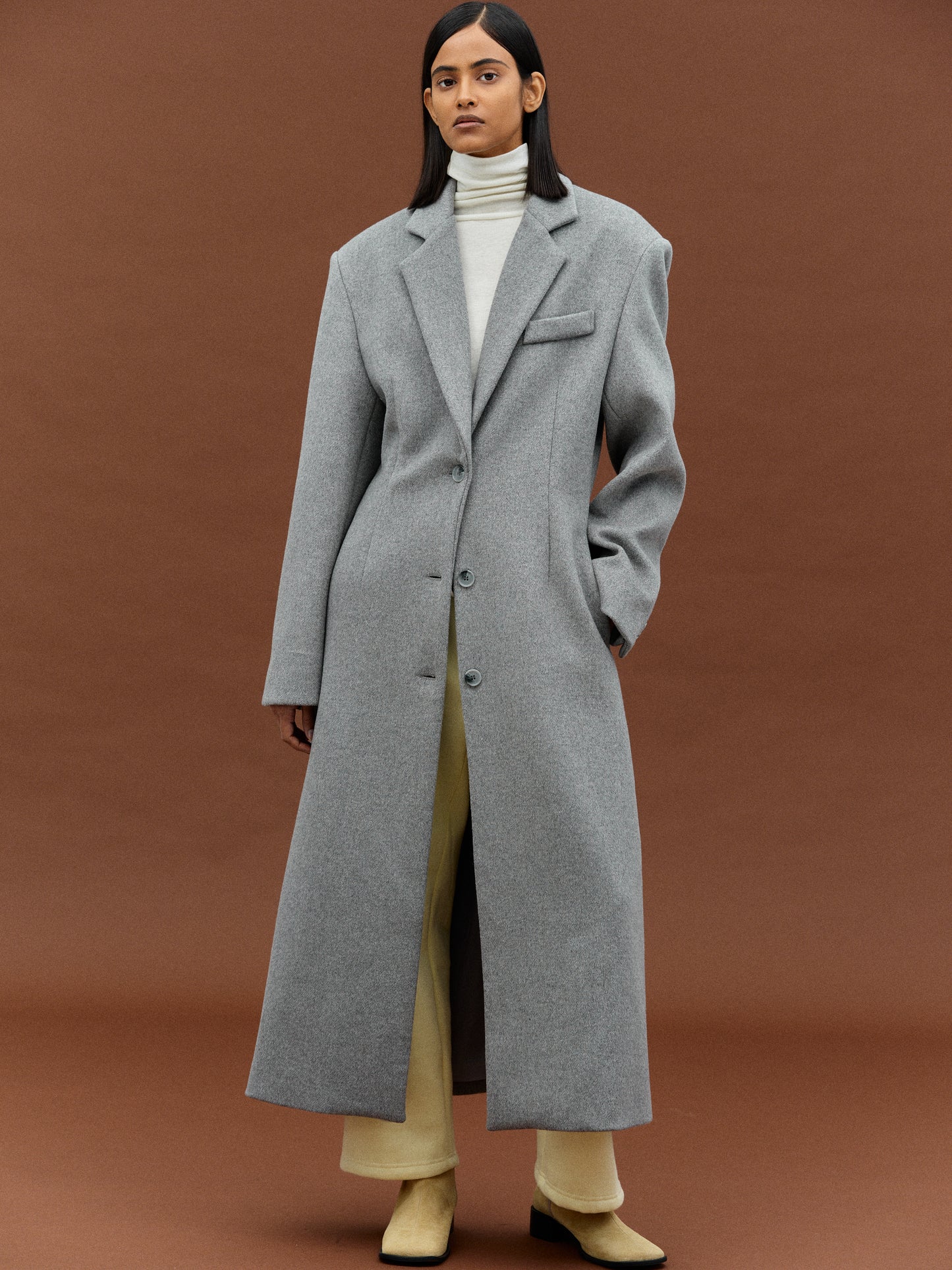 Cinched Waist Long Coat, Grey